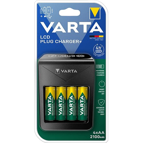 NiMH Akku LCD+ Plug Ladegerät 0,45A Varta 57687 für AA Mignon AAA Micro 9 V Block USB