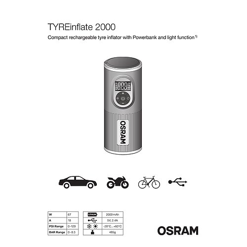 TYREinflate 2000 Schnelle Reifenpumpe wiederaufladbar 2 Jahre Garantie OSRAM