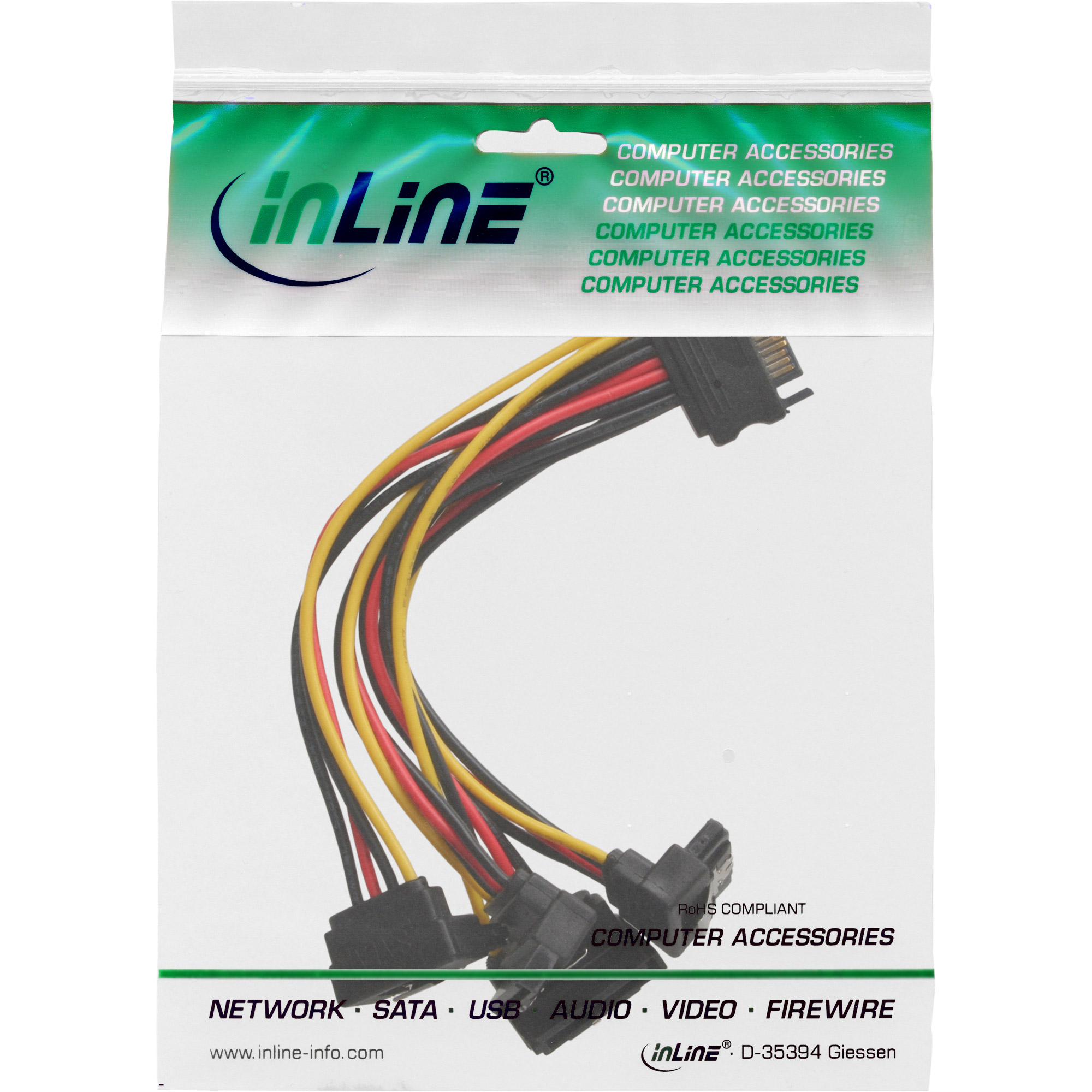 Inline® SATA Strom-Y-Kabel, SATA BU/4x SATA ST gew., m. Laschen, 0,30m