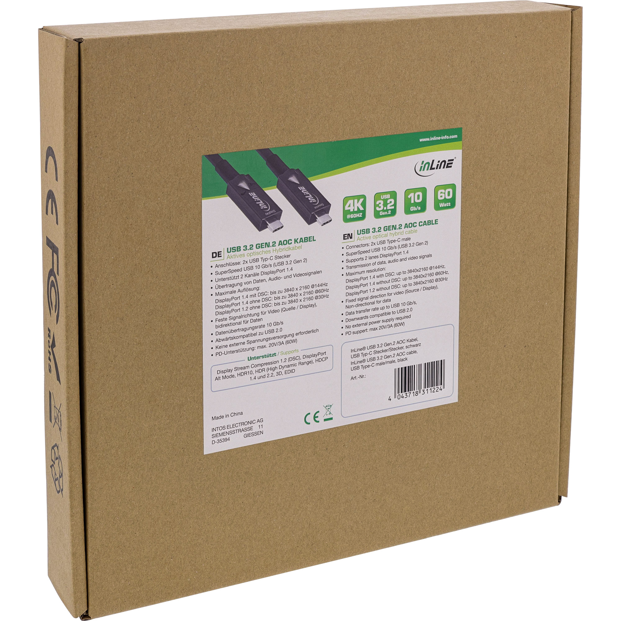 Inline® USB 3.2 Gen.2 AOC Kabel, USB-C Stecker/Stecker, schwarz, 3m