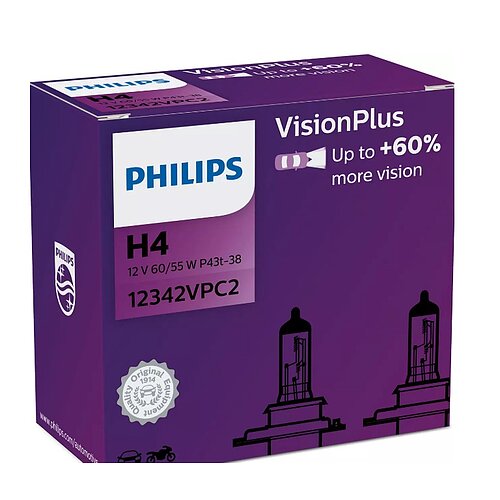 H4 12V 60/55W P43t Vision Plus +60% 2 St. Philips