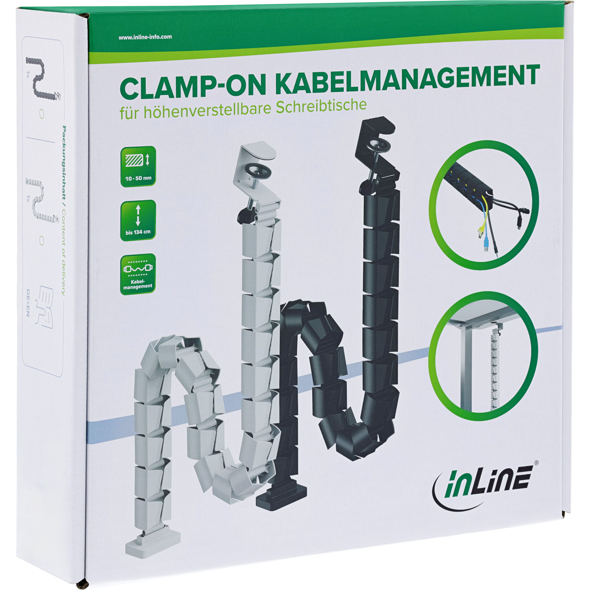 InLine® Kabelkanal flexibel für höhenverstellbare Tische mit Tischklemme Weiß