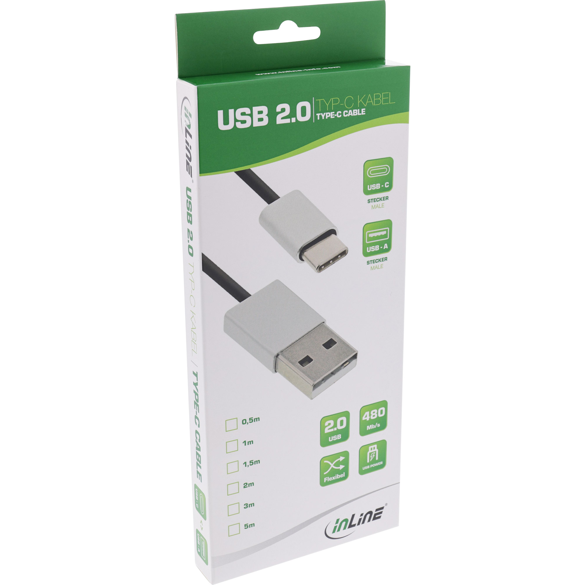 Inline® USB 2.0 Kabel, USB-C Stecker an A Stecker, schwarz/Alu, flexibel, 1,5m