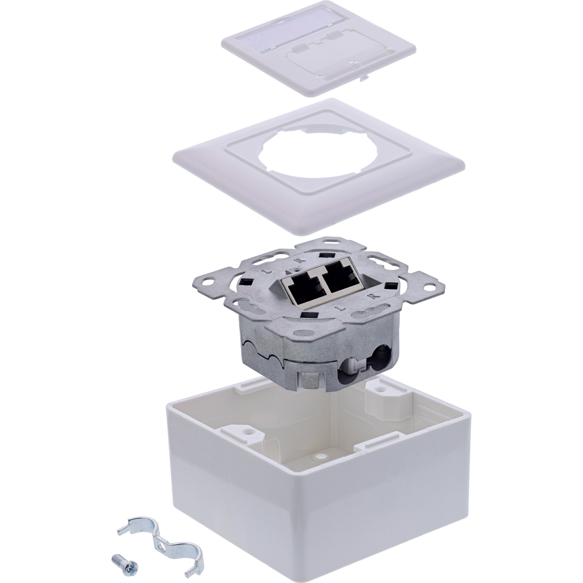 InLine® Cat.6A Netzwerkdose, 2x RJ45, AP/UP, geschirmt, weiß, 76842A