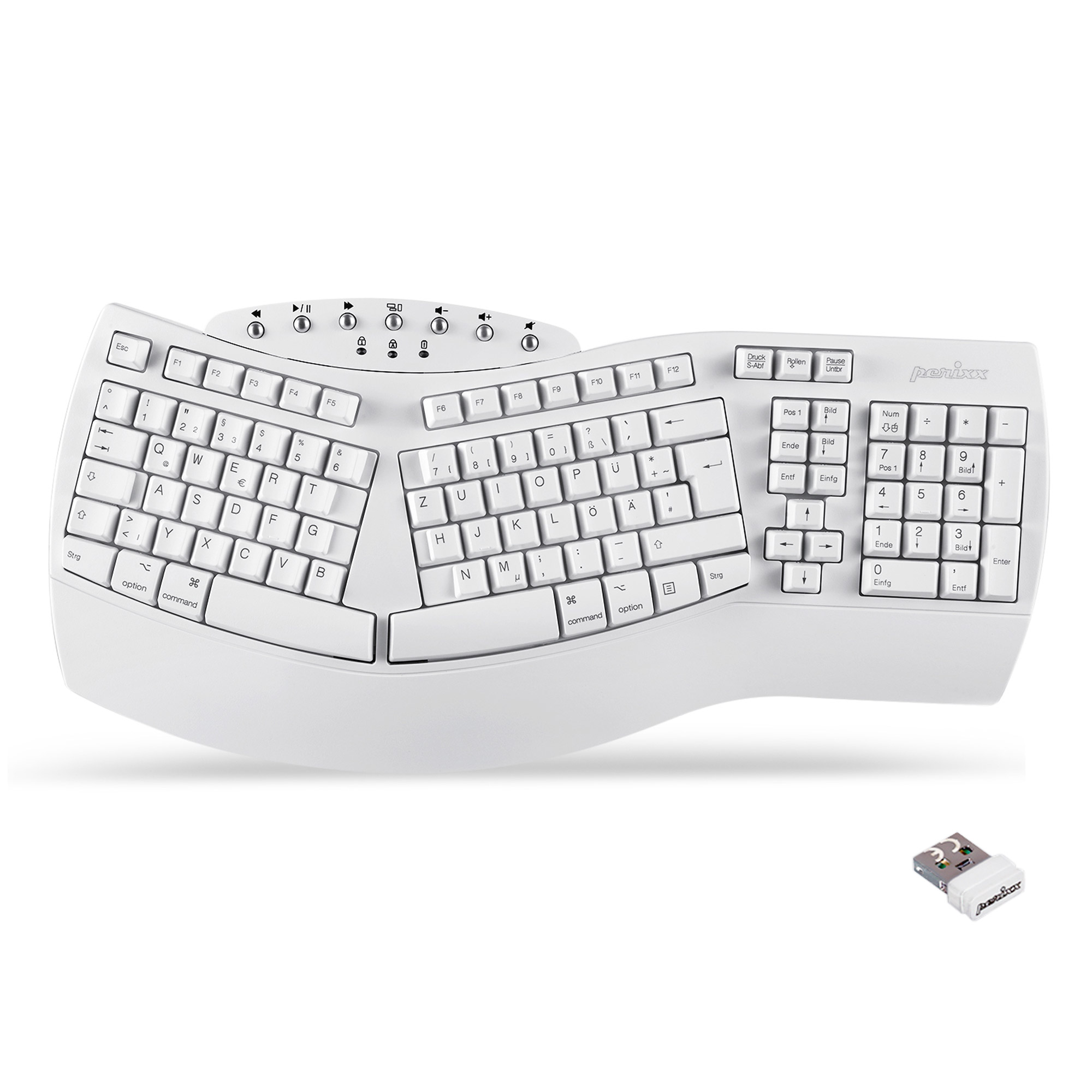 Perixx PERIBOARD-612W DE, ergonomische Tastatur, Dualmodus, Funk/Bluetooth weiß
