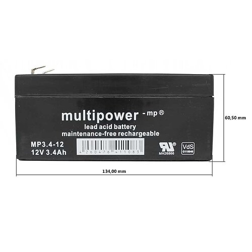 Multipower MP3.4-12 AGM 12 V 3,4Ah - 4,8mm Faston Multipower MP3.4-12 AGM 12 V 3,4Ah - 4,8mm Faston