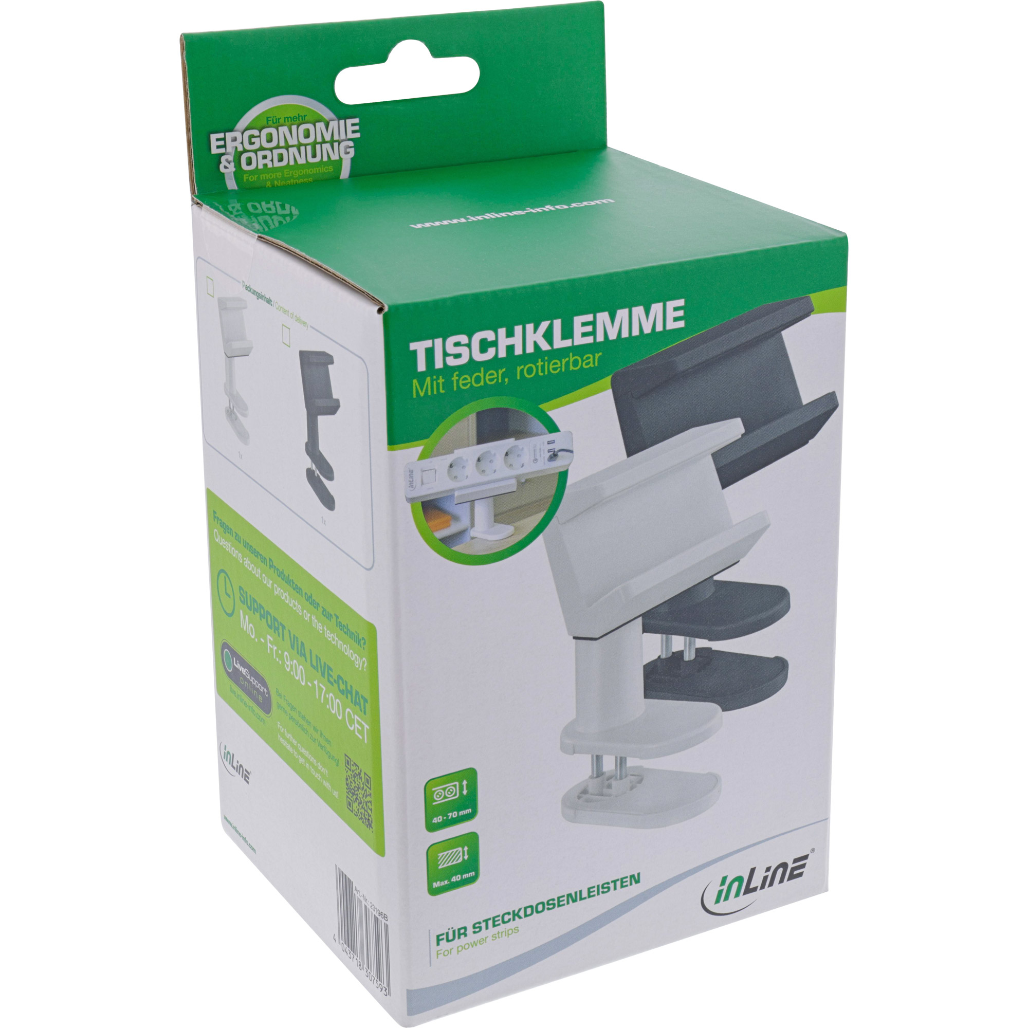 Inline® Tischklemme für Steckdosenleiste, drehbar, Federklemme, weiß