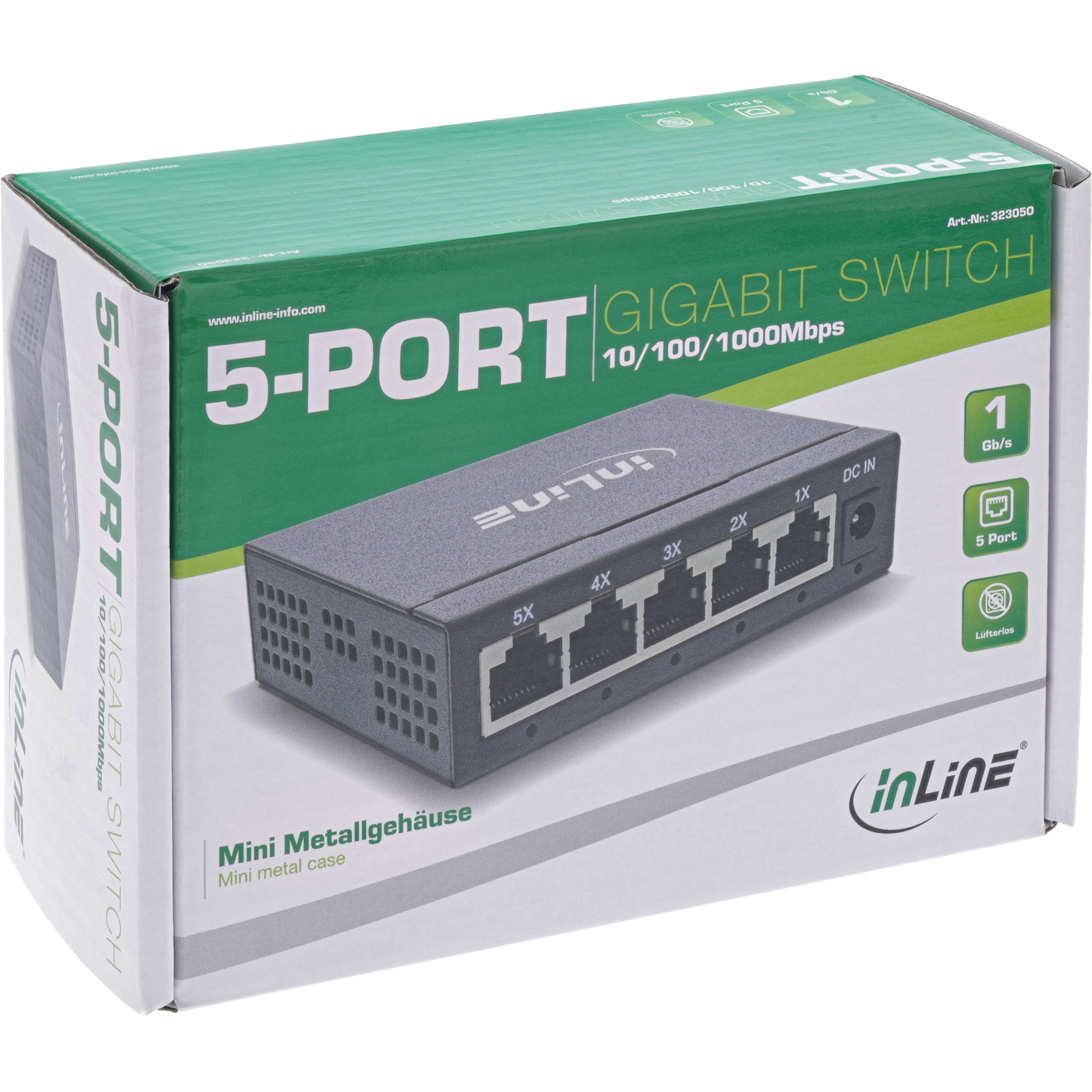 Inline® Gigabit Netzwerk Switch 5-Port, 1Gb/s, Desktop, Metallgehäuse, Lüfterlos