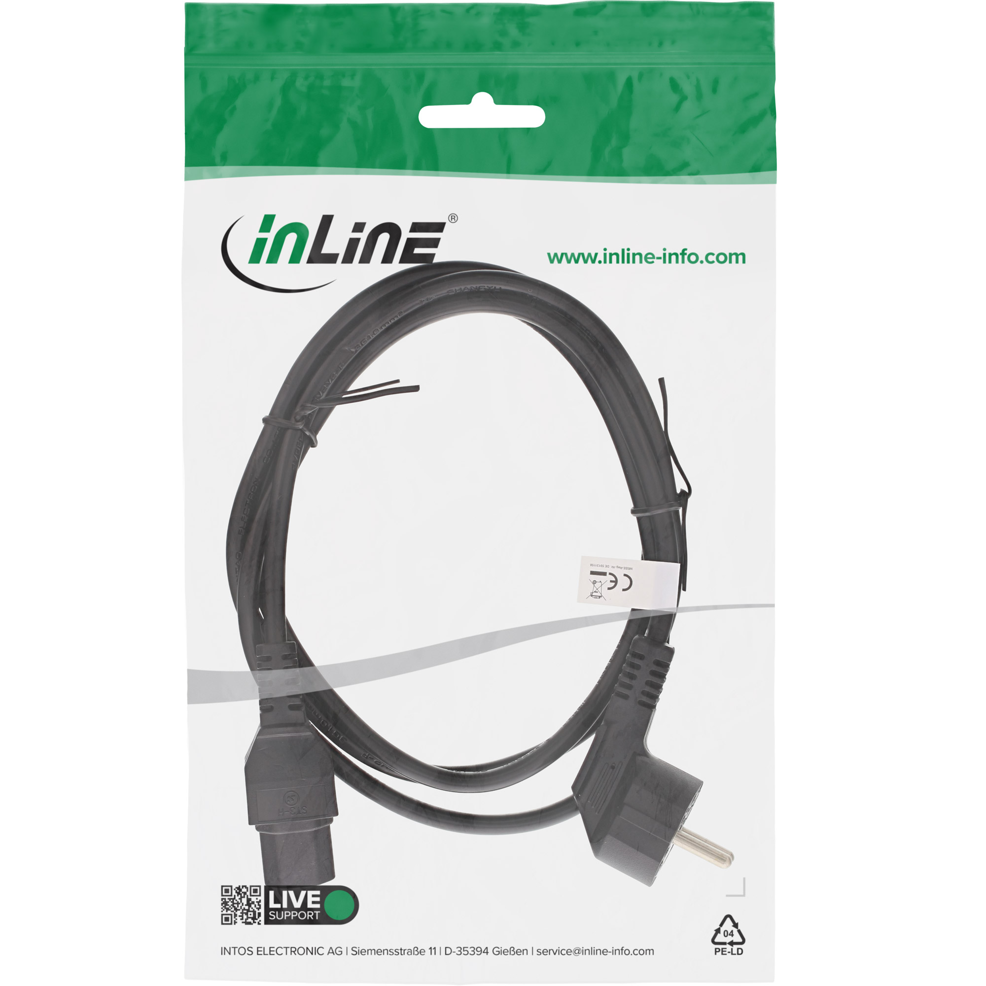 Inline® Netzkabel, Schutzkon. gew. auf Warmgerätest. C15 gerade, schwarz, 1,8m