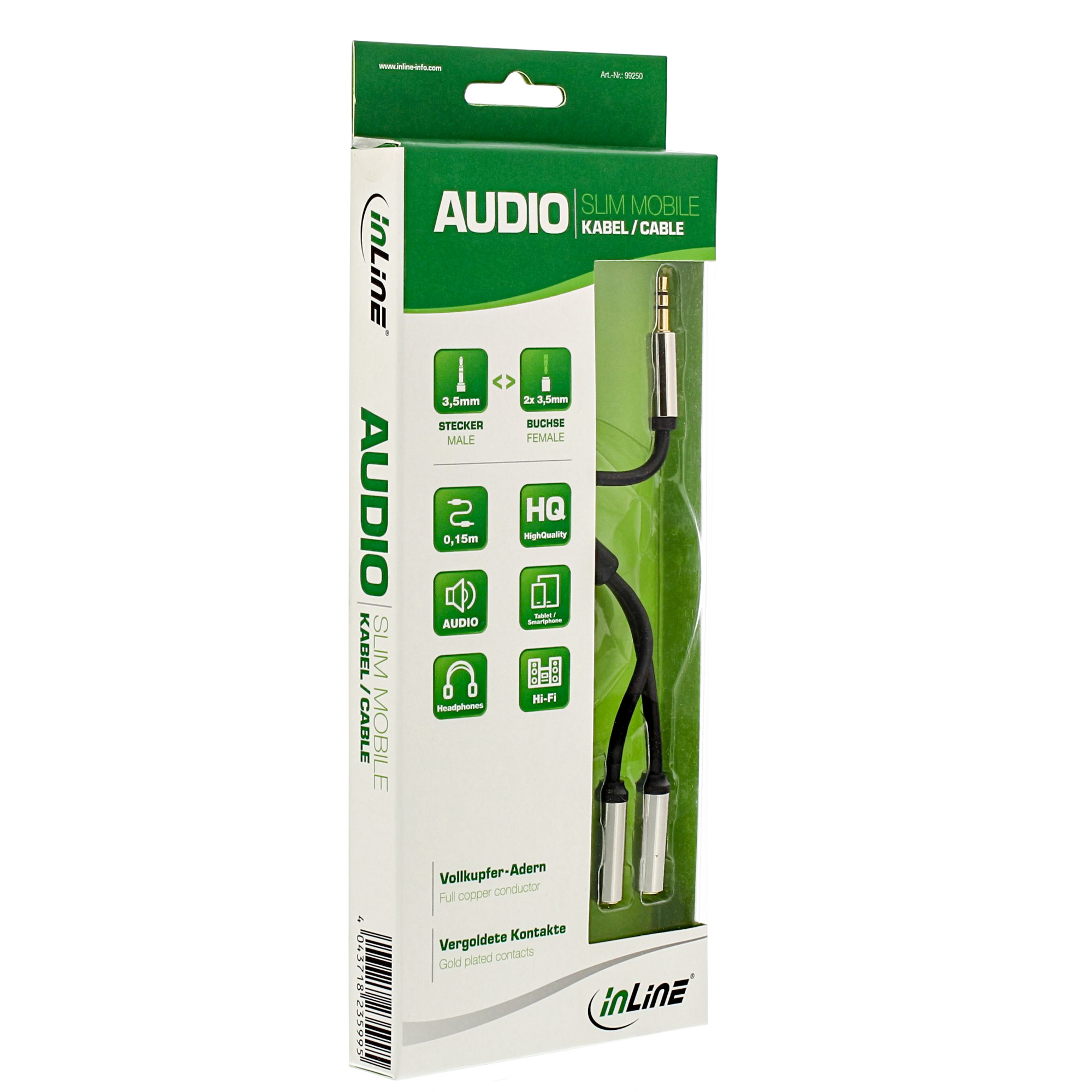 0.15m - Inline® Slim Audio Y-Kabel Klinke 3,5mm ST an 2x Klinke BU
