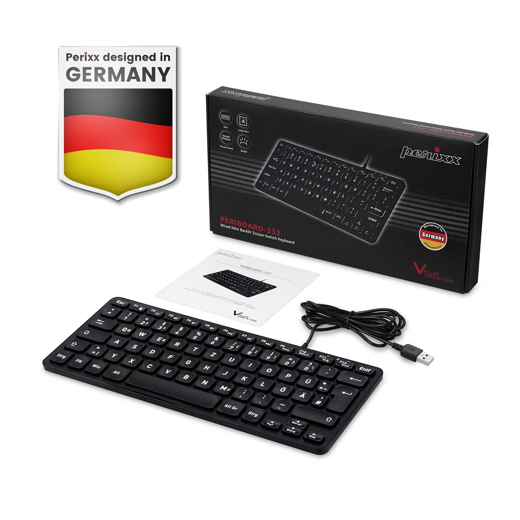 Perixx PERIBOARD-332B DE, Mini-Tastatur, USB kabelgebunden, beleuchtet, schwarz Perixx PERIBOARD-332B DE, Mini-Tastatur, USB kabelgebunden, beleuchtet, schwarz