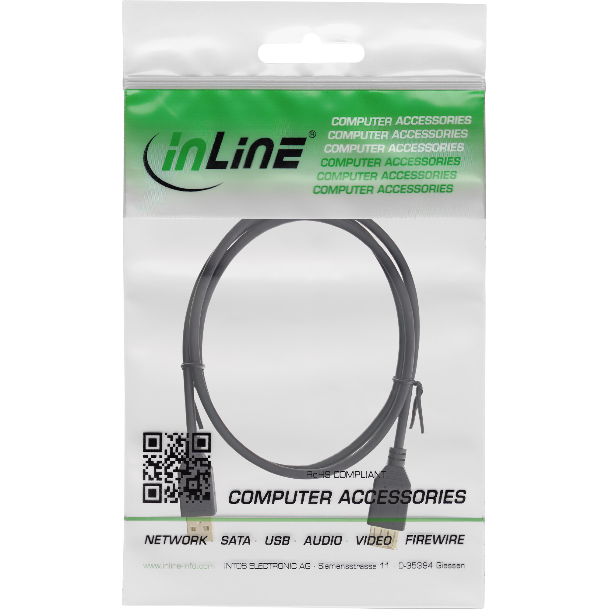 Inline® USB 2.0 VerLängerung, ST / BU, Typ A, schwarz, Kontakte gold, 0,5m