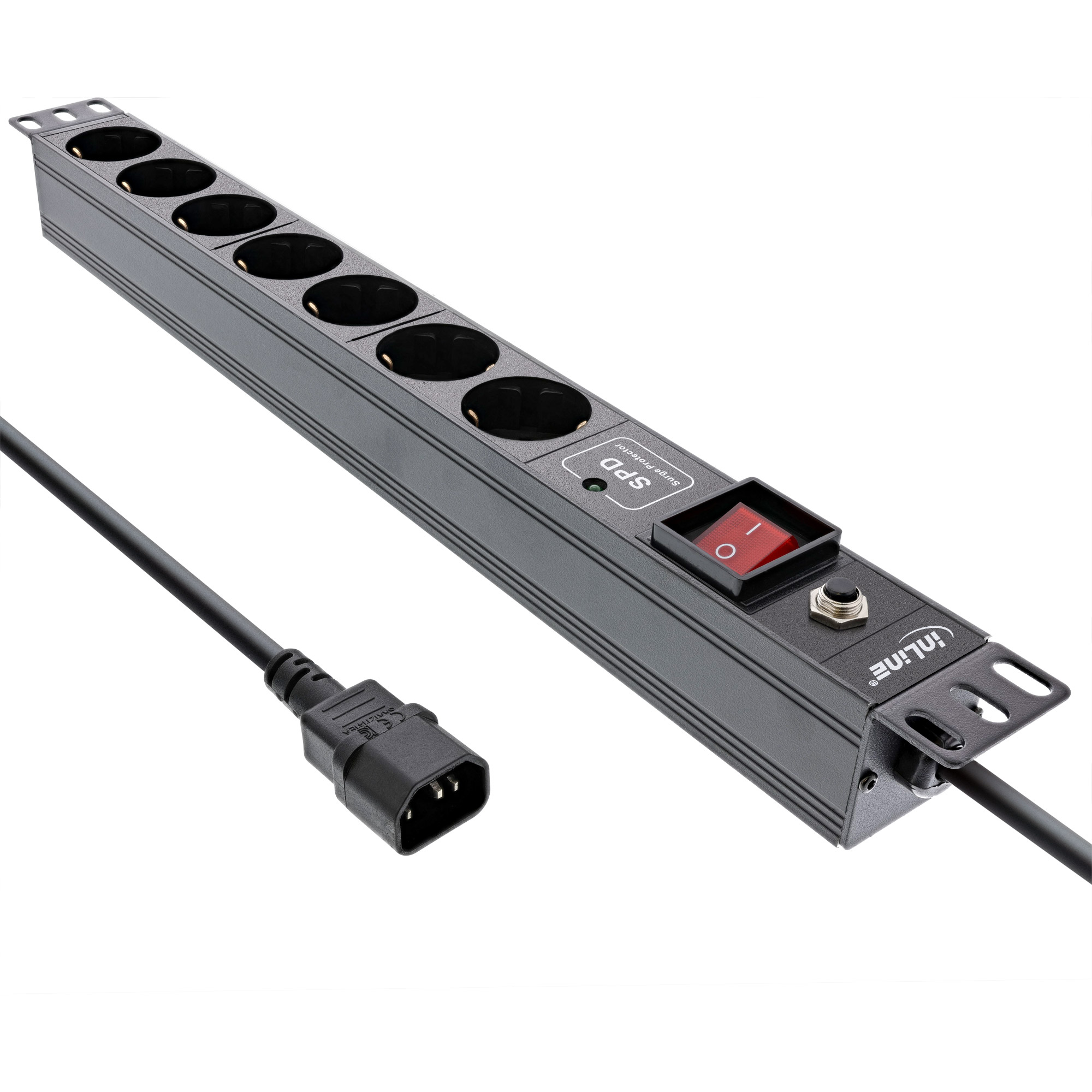 Inline® 19" Steckdosenleiste, 7-fach Schutzkontakt, C14, ÜSS, Überlastschutz