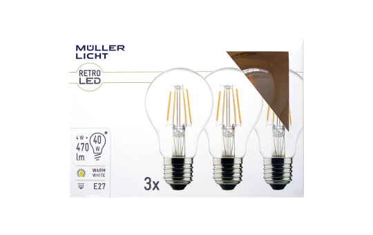 LED Filament Glühlampe, E27, 4W, 470lm, 2700K, warmweiß, 3er Set