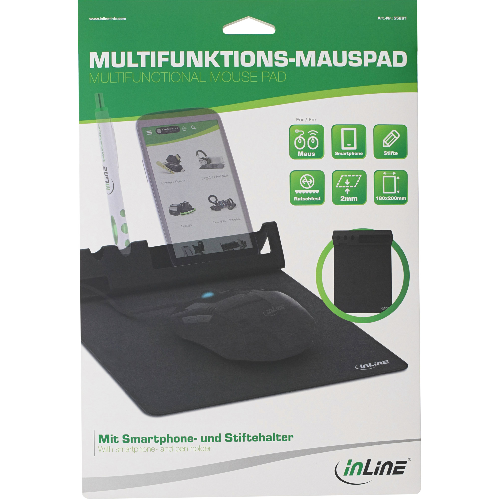 Inline® Multifunktions-Mauspad mit Handy und Stifthalter, schwarz, faltbar