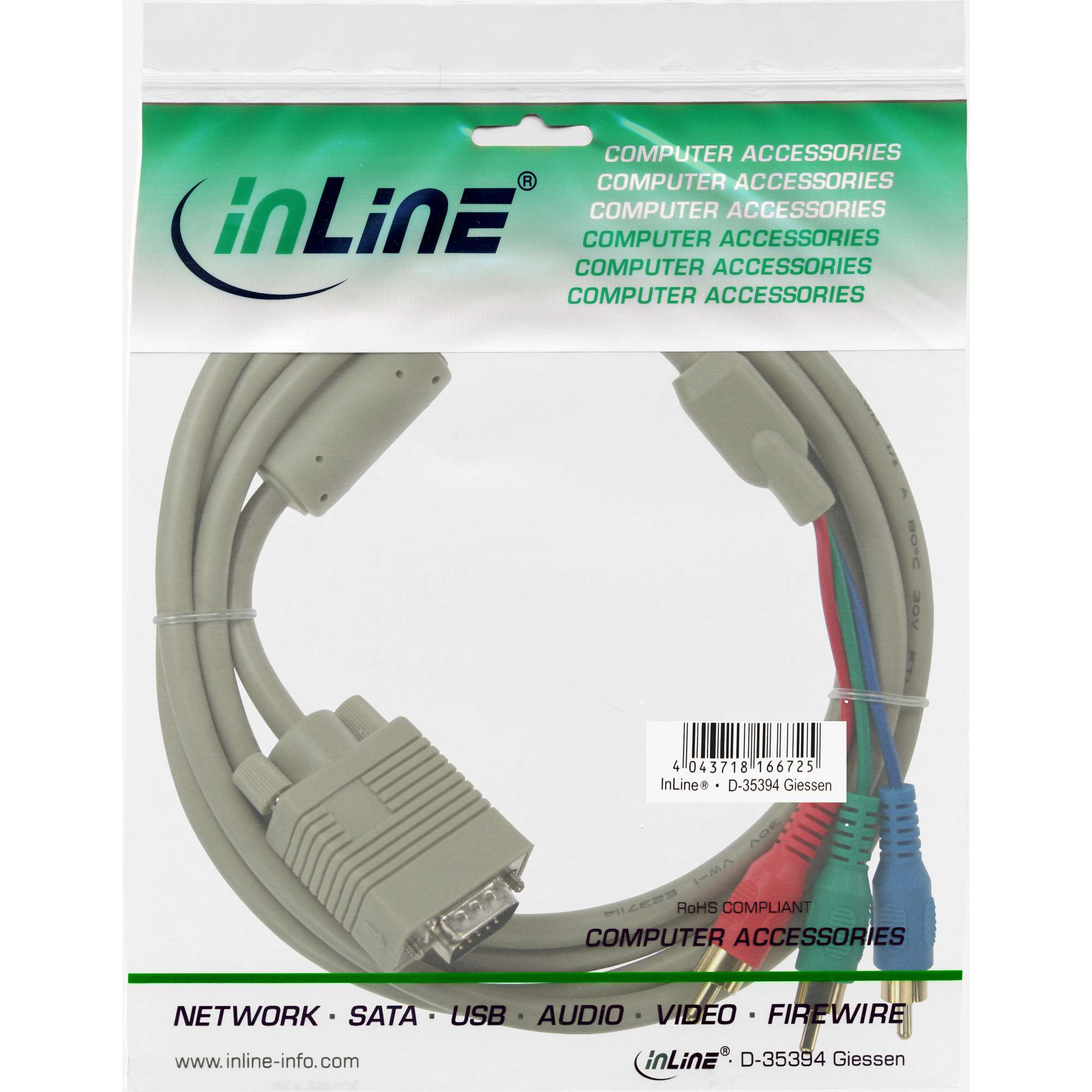 Inline® VGA RGB Kabel, VGA Stecker an 3x Cinch Stecker, 2m
