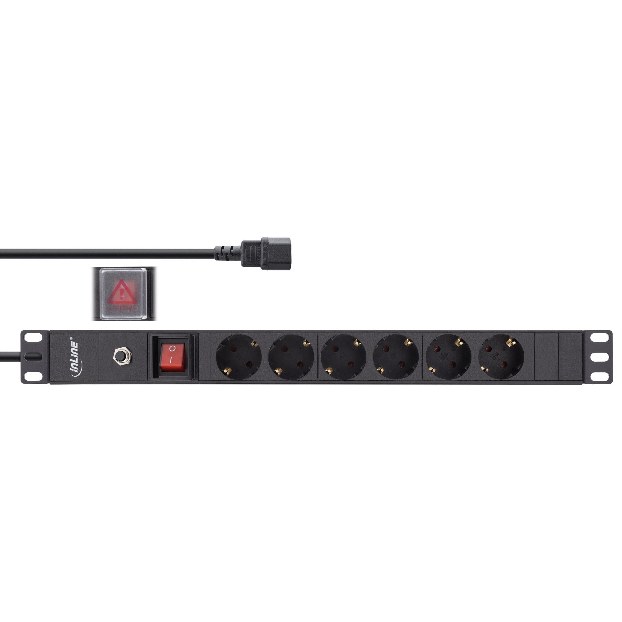 Inline® 19" Steckdosenleiste, 6-fach Schutzkontakt, C14 Stecker, Überlastschutz