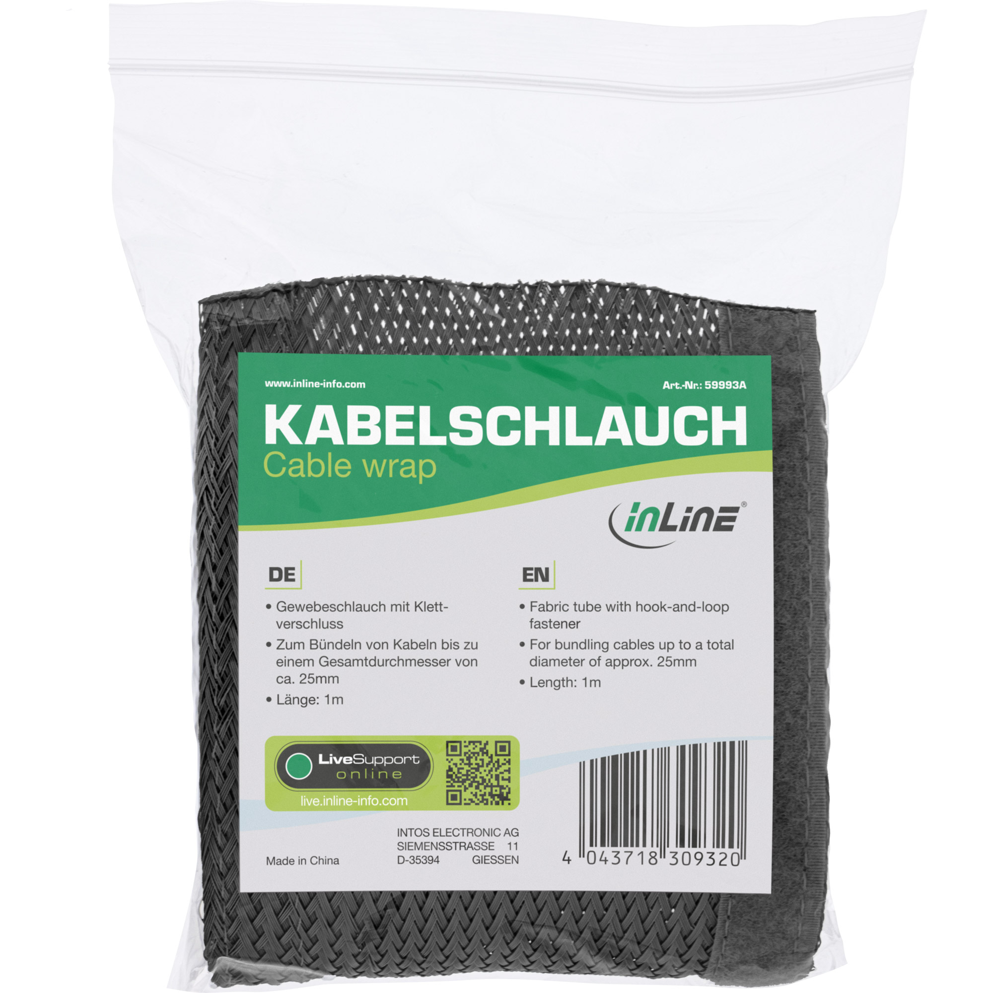 Inline® Kabelschlauch, Gewebeschlauch mit Klettverschluss, 1m x 25mm schwarz