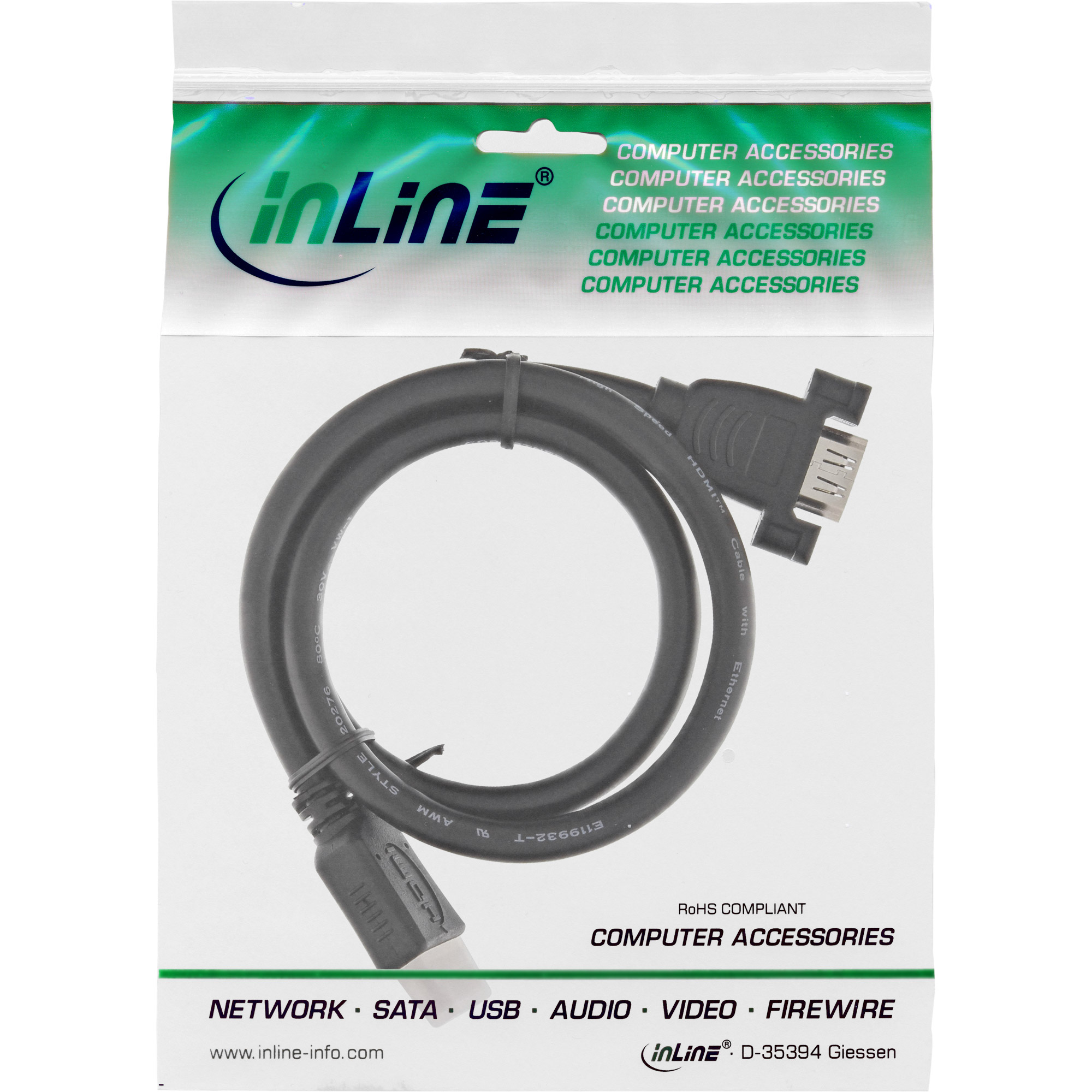 Inline® HDMI 4K2K Adapterkabel zum Einbau, HDMI A Stecker/Buchse, 0,6m