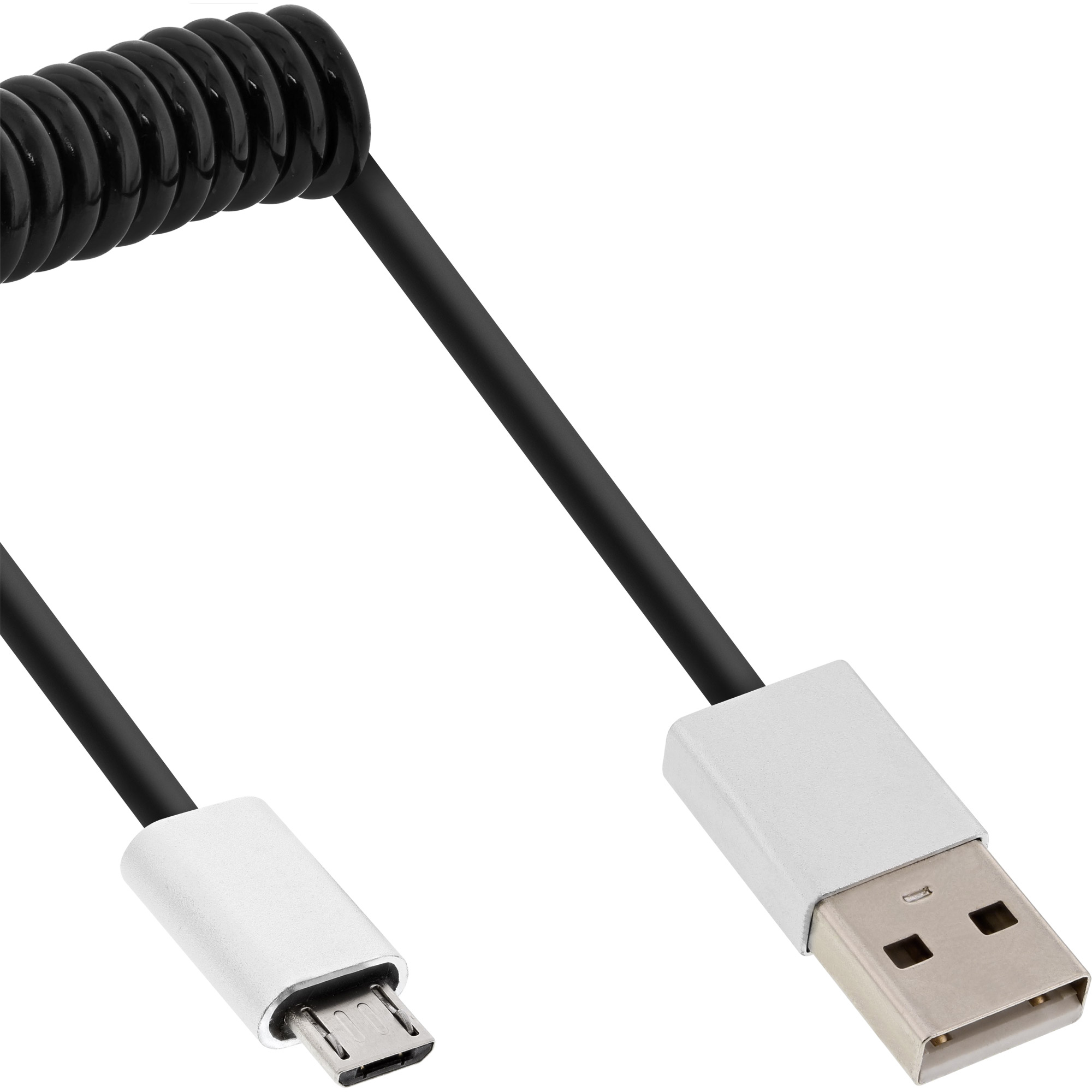 Inline® Micro-USB 2.0 Spiralk., USB-A ST/Micro-B ST, schwarz/Alu, flexibel, 3m
