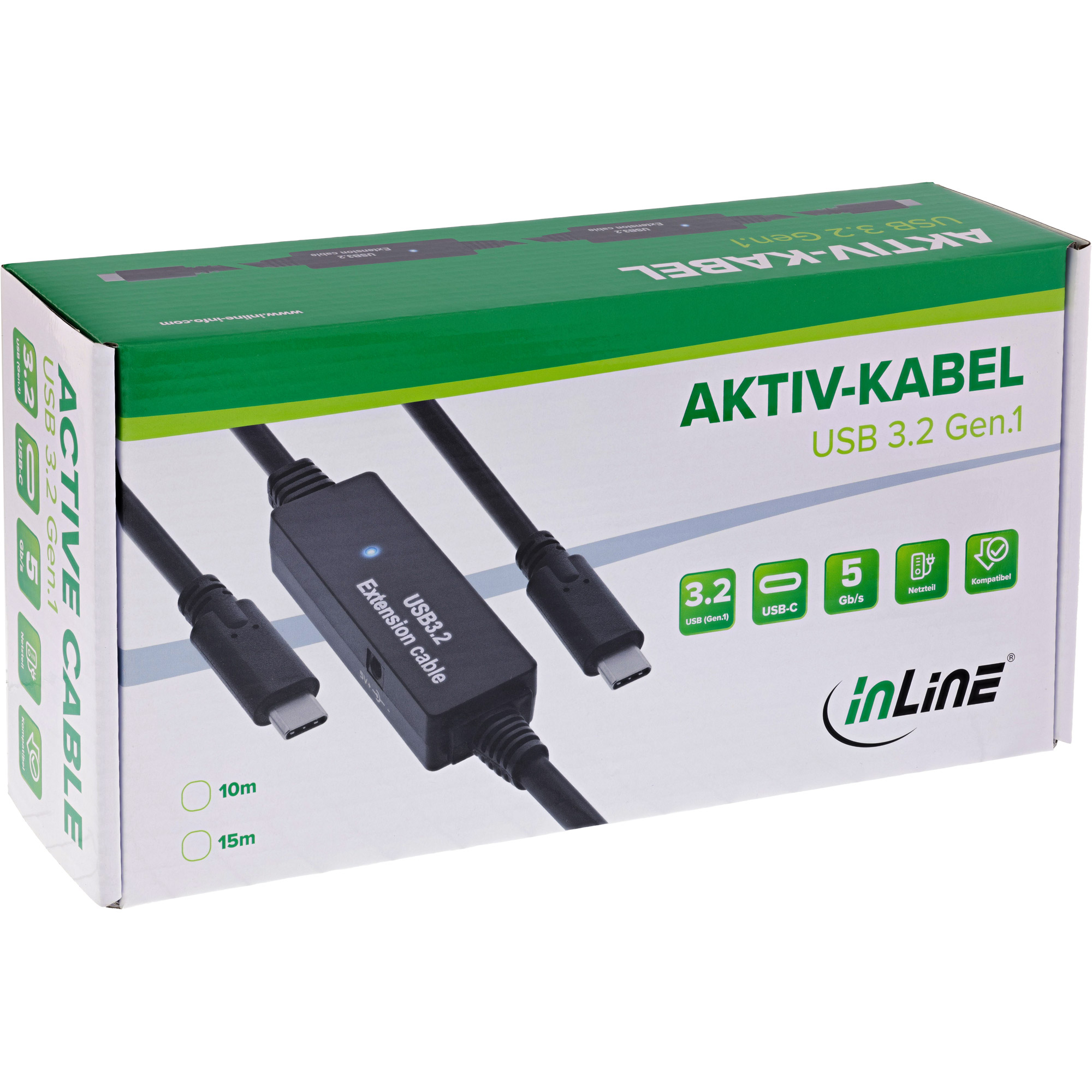 Inline® USB 3.2 Gen.1 Aktiv-Kabel, USB-C Stecker an USB-C Stecker, schwarz, 10m