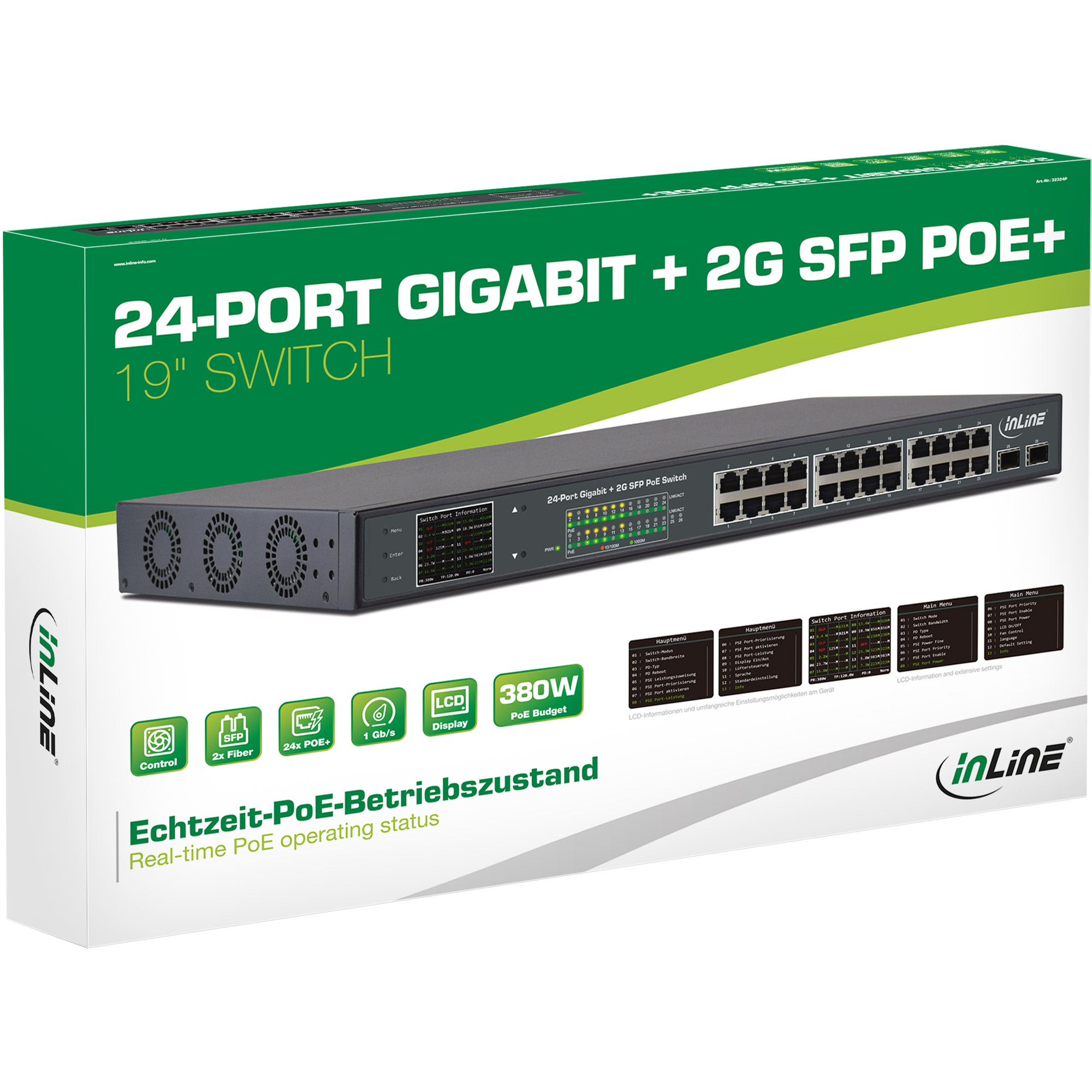 Inline® PoE+ Gigabit Netzwerk Switch 24 Port, 1Gb/s, 2xSFP,19"1HE (inkl. Winkel)