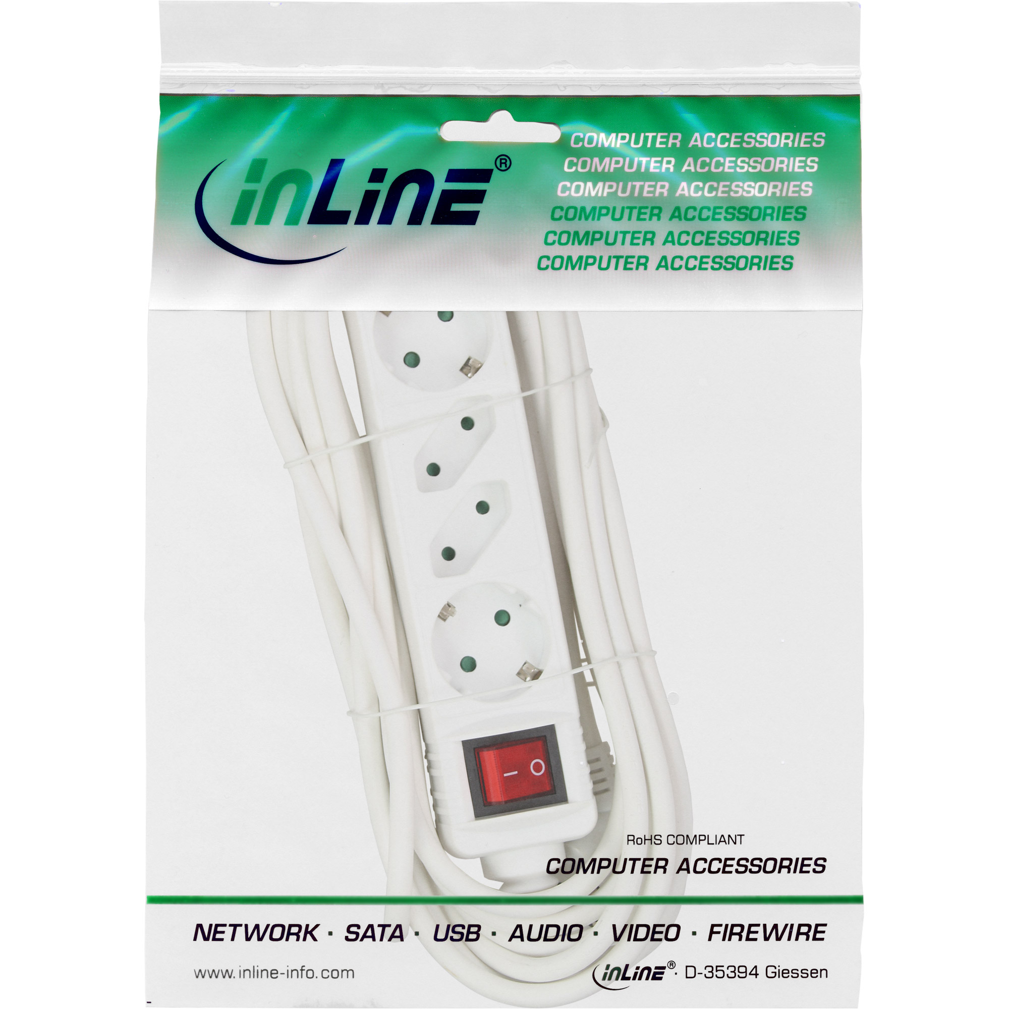 Inline® Steckdosenleiste, 4-fach, 2x Schutzkontakt + 2x Euro, weiß, 1,5m