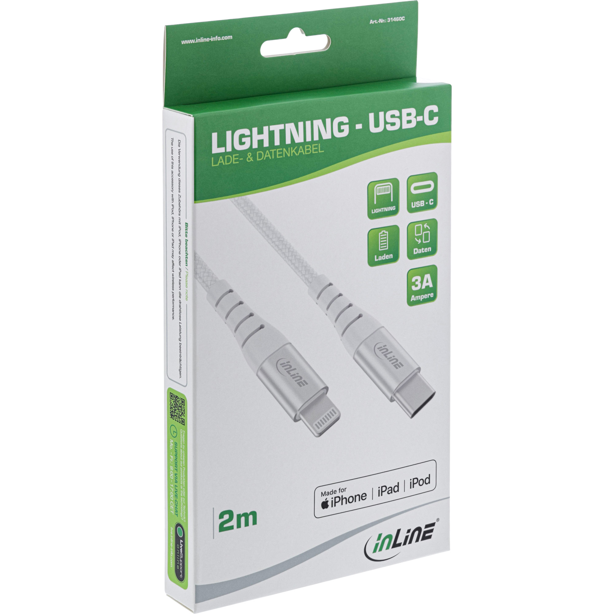 Inline® USB-C Lightning Kabel, für iPad, iPhone, iPod, silber/Alu, 2m MFi-zert.