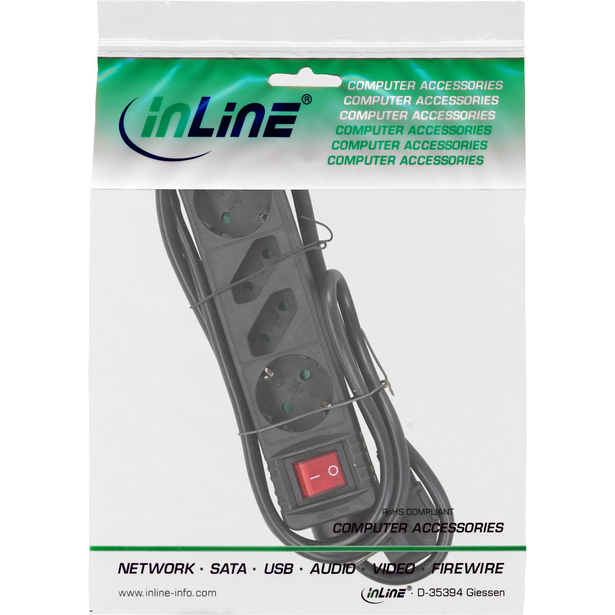Inline® Steckdosenleiste, 4-fach, 2x Schutzkontakt + 2x Euro, schwarz, 5m