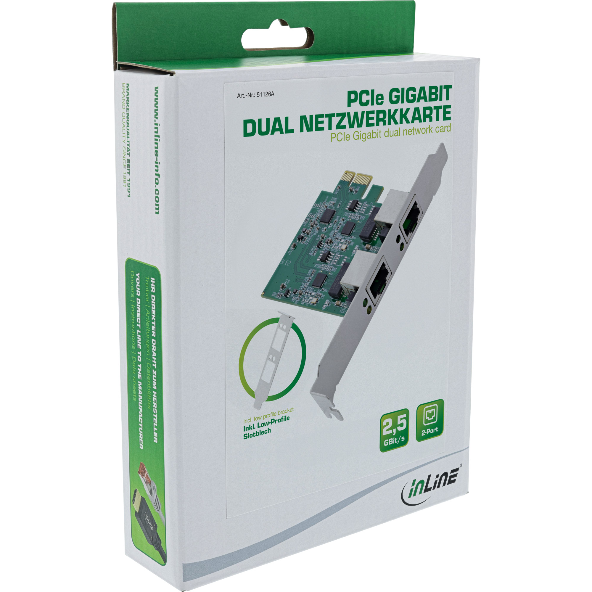 Inline® Dual Gigabit Netzwerkkarte, 2x RJ45 2.5Gb/s, PCIe x1, mit LP Slotblech