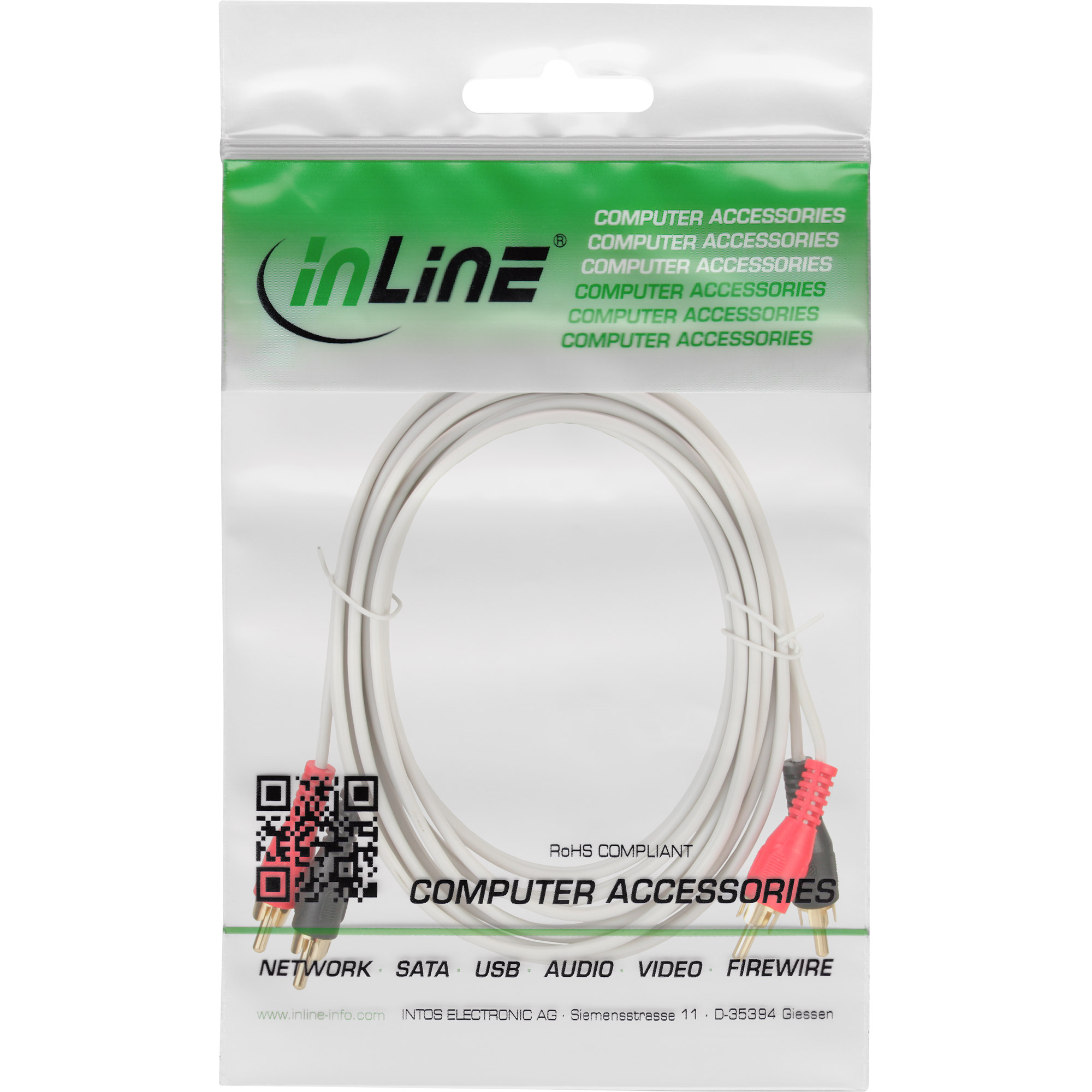 2m - Inline® Cinch Kabel, 2x Cinch, Stecker / Stecker, weiß / gold