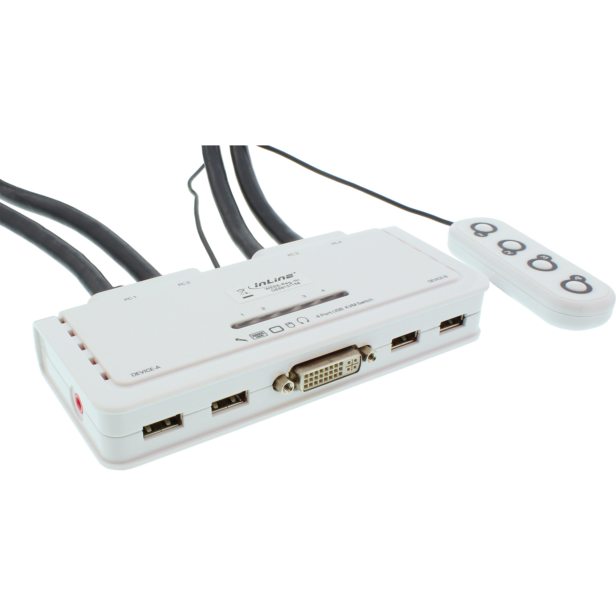 Inline® KVM Switch, 4-fach, DVI-D, USB, mit Audio, integr. Kabel