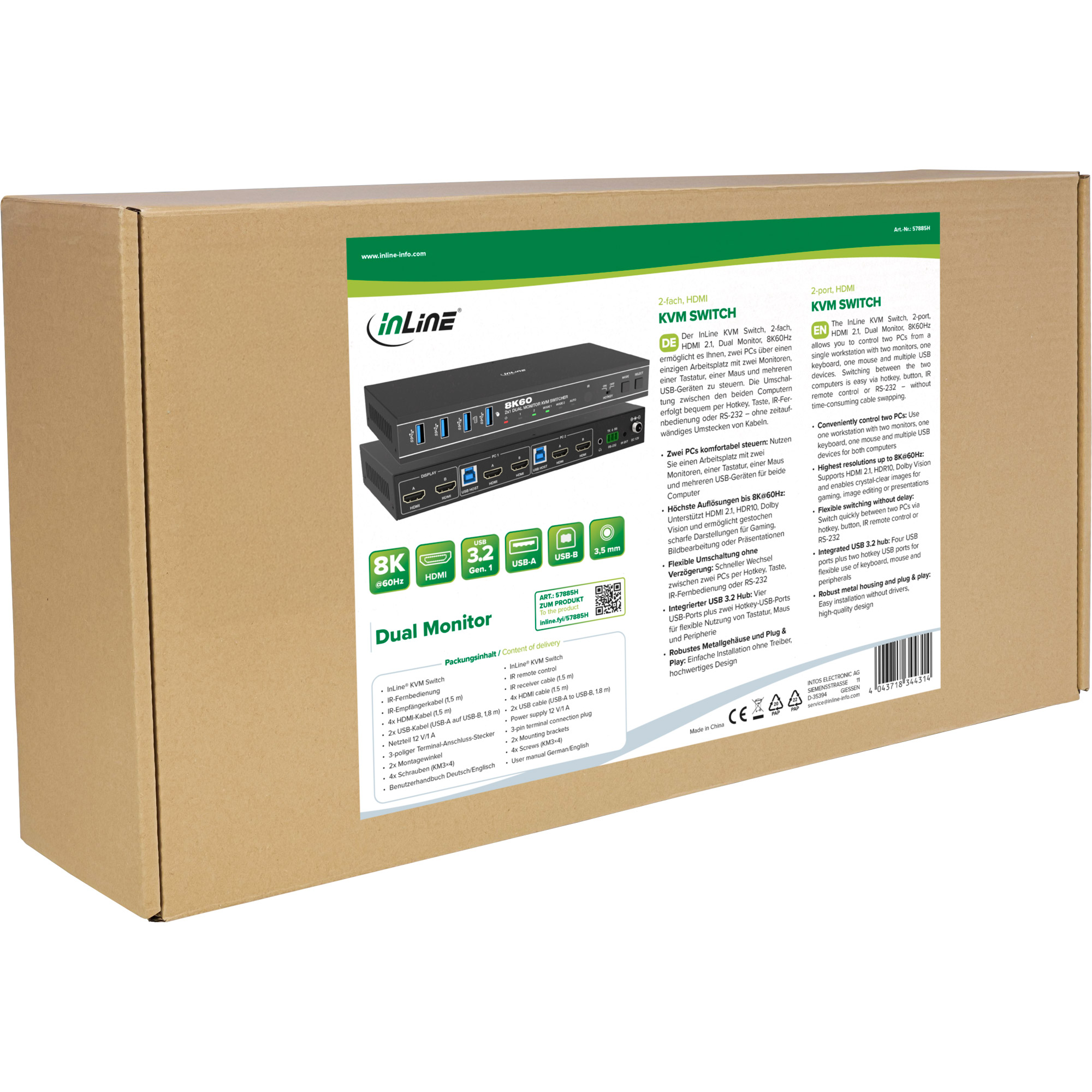 InLine® KVM Switch, 2-fach, HDMI, Dual Monitor, 8K60Hz, USB Hub, schwarz
