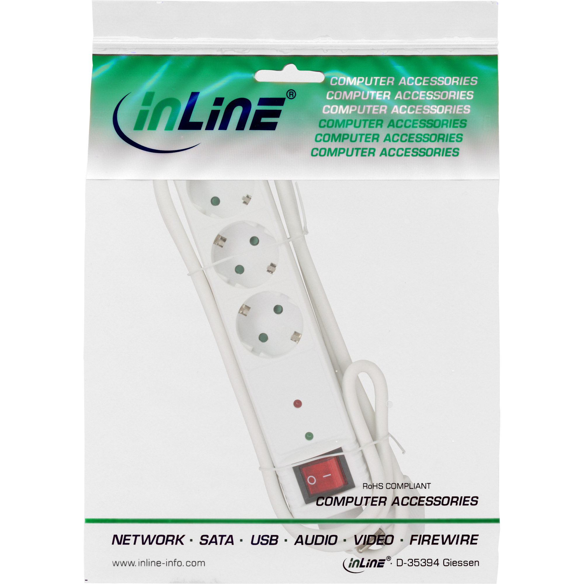 Inline® Steckdosenleiste, 3-fach Schutzkontakt, ÜSS, weiß
