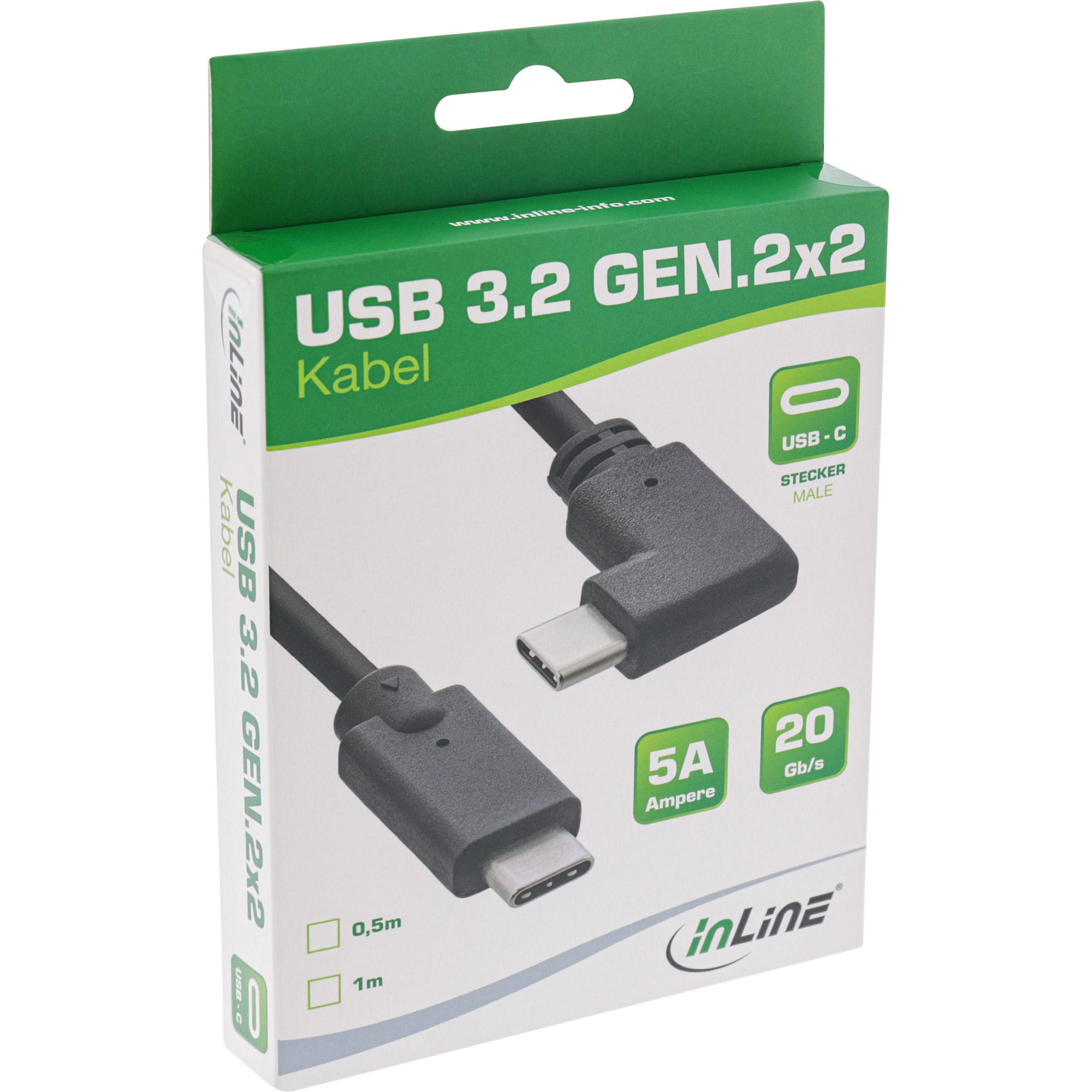 Inline® USB 3.2 Gen.2 Kabel, USB-C Stecker/Stecker gewinkelt, schwarz, 1m