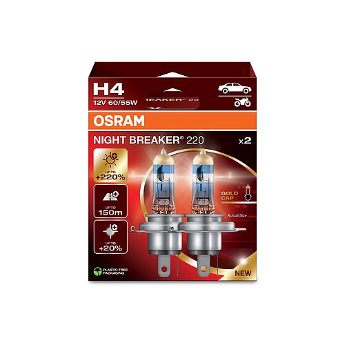 OSRAM H4 12V 60/55W P43t NIGHT BREAKER® 220 +220% - 2 Stück
