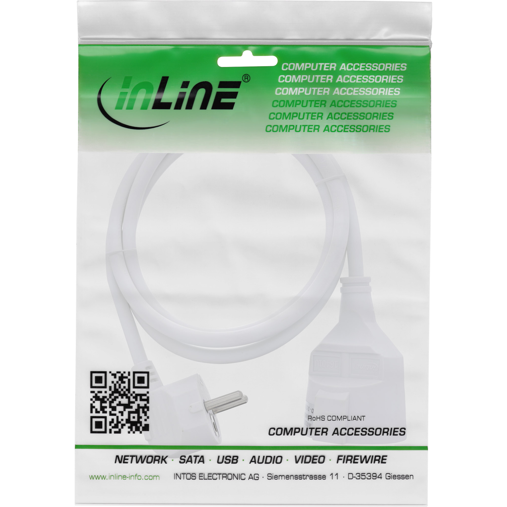 Inline® Strom-VerLängerung Schutzkontakt Stecker gewinkelt / Buchse, weiß, 1,5m Inline® Strom-VerLängerung Schutzkontakt Stecker gewinkelt / Buchse, weiß, 1,5m