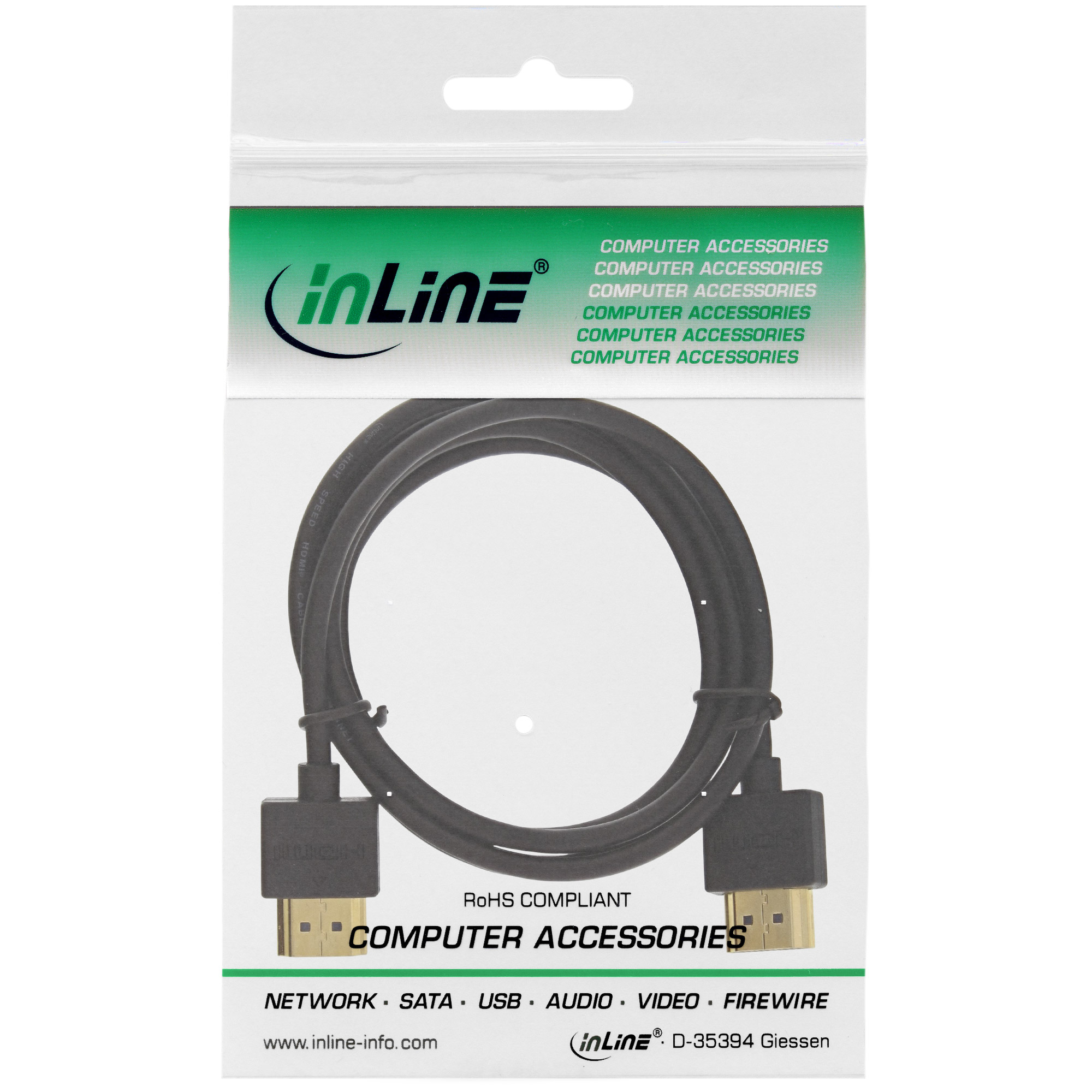 Inline® HDMI Superslim Kabel A an A, HS mit Eth., Premium, schwarz / gold, 1m