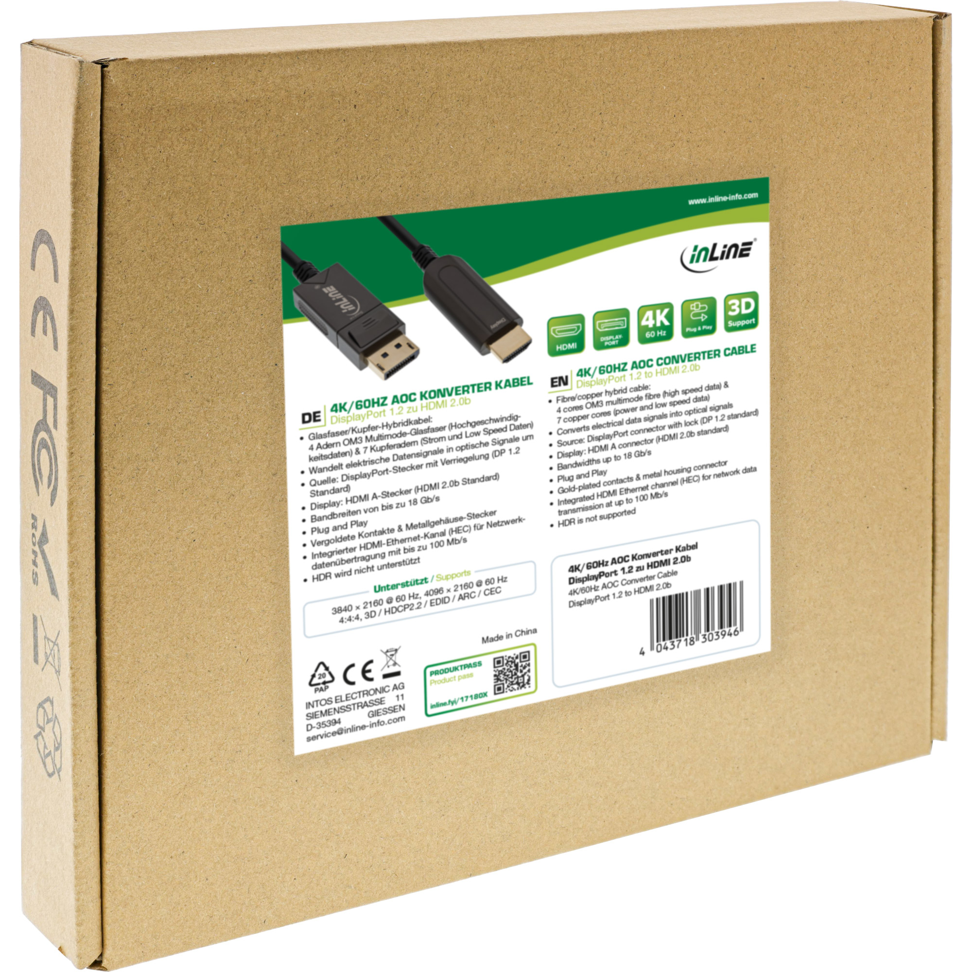 Inline® DisplayPort zu HDMI AOC Konverter Kabel, 4K/60Hz, schwarz, 20m
