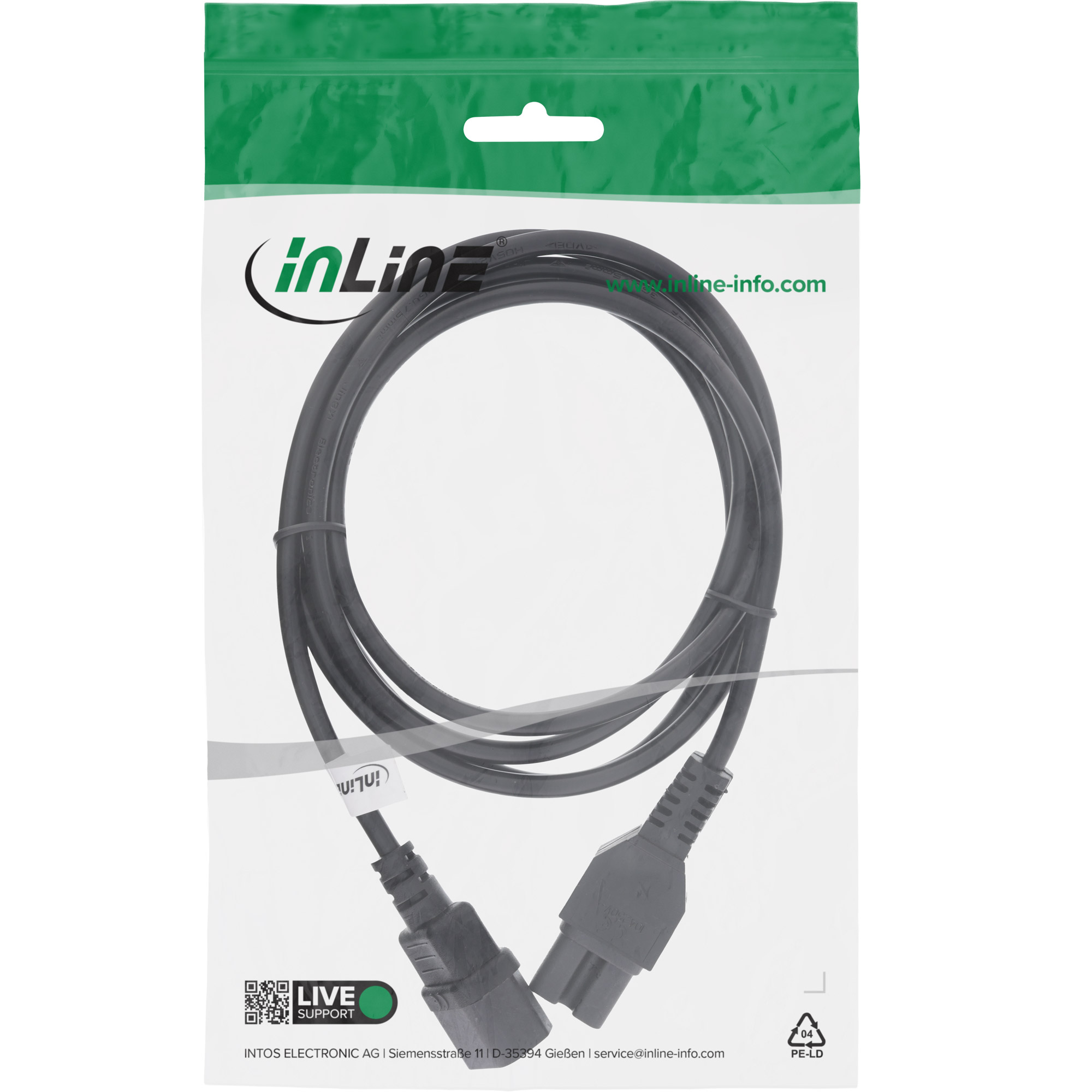 Inline® Netzkabelverl., Warmgerätest. gerade C15 auf BU gerade C14, schwarz, 3m