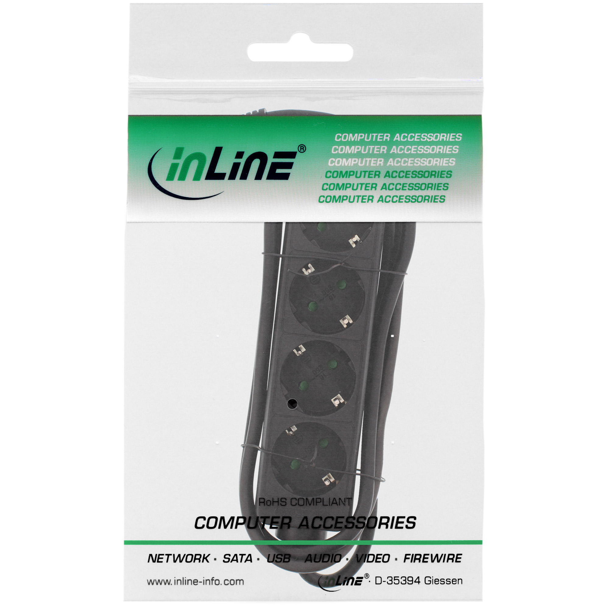 Inline® Steckdosenleiste, 4-fach Schutzkontakt schwarz, 3m