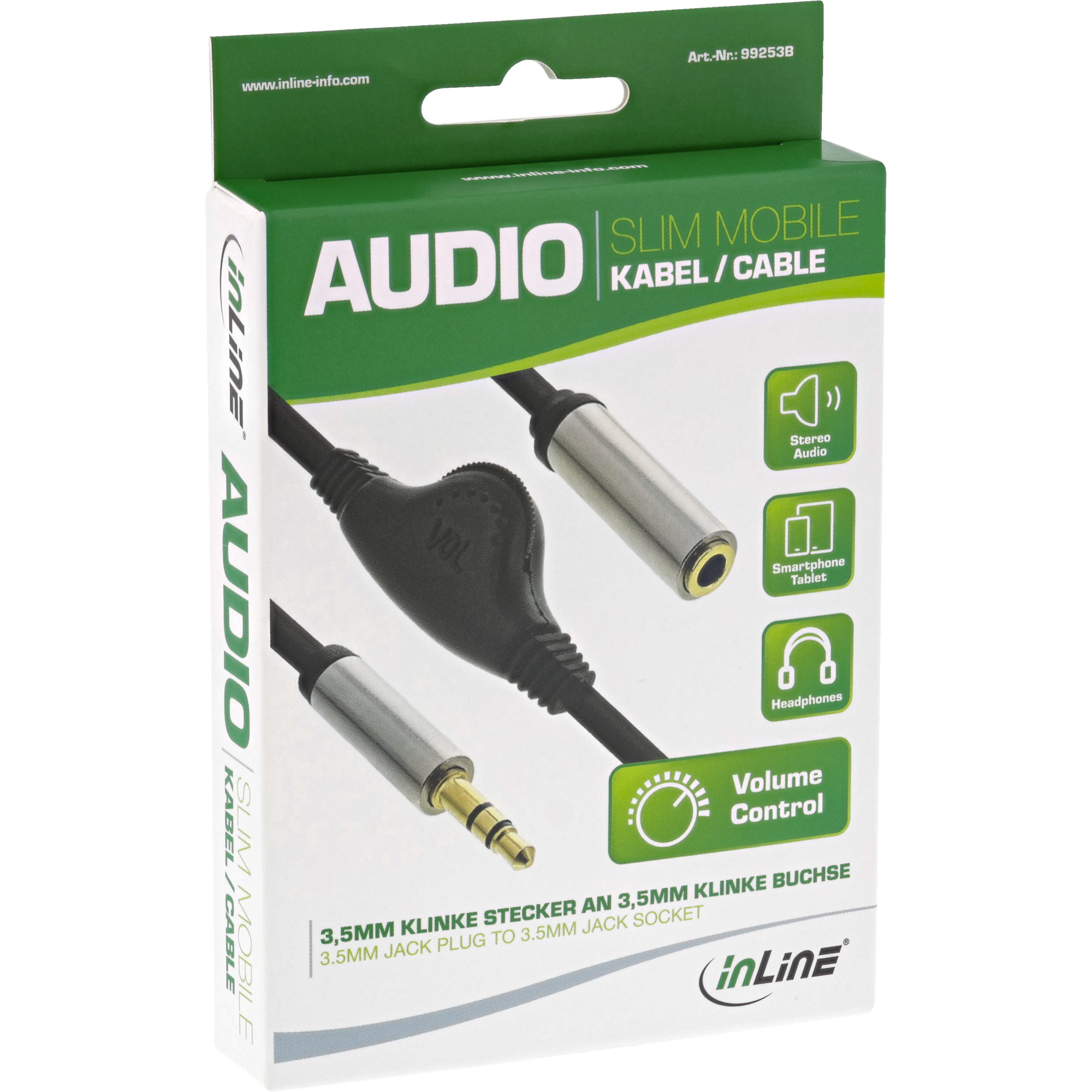 0.25m - Inline® Slim Audio Kabel Klinke 3,5mm ST / BU, mit Lautstärkeregler