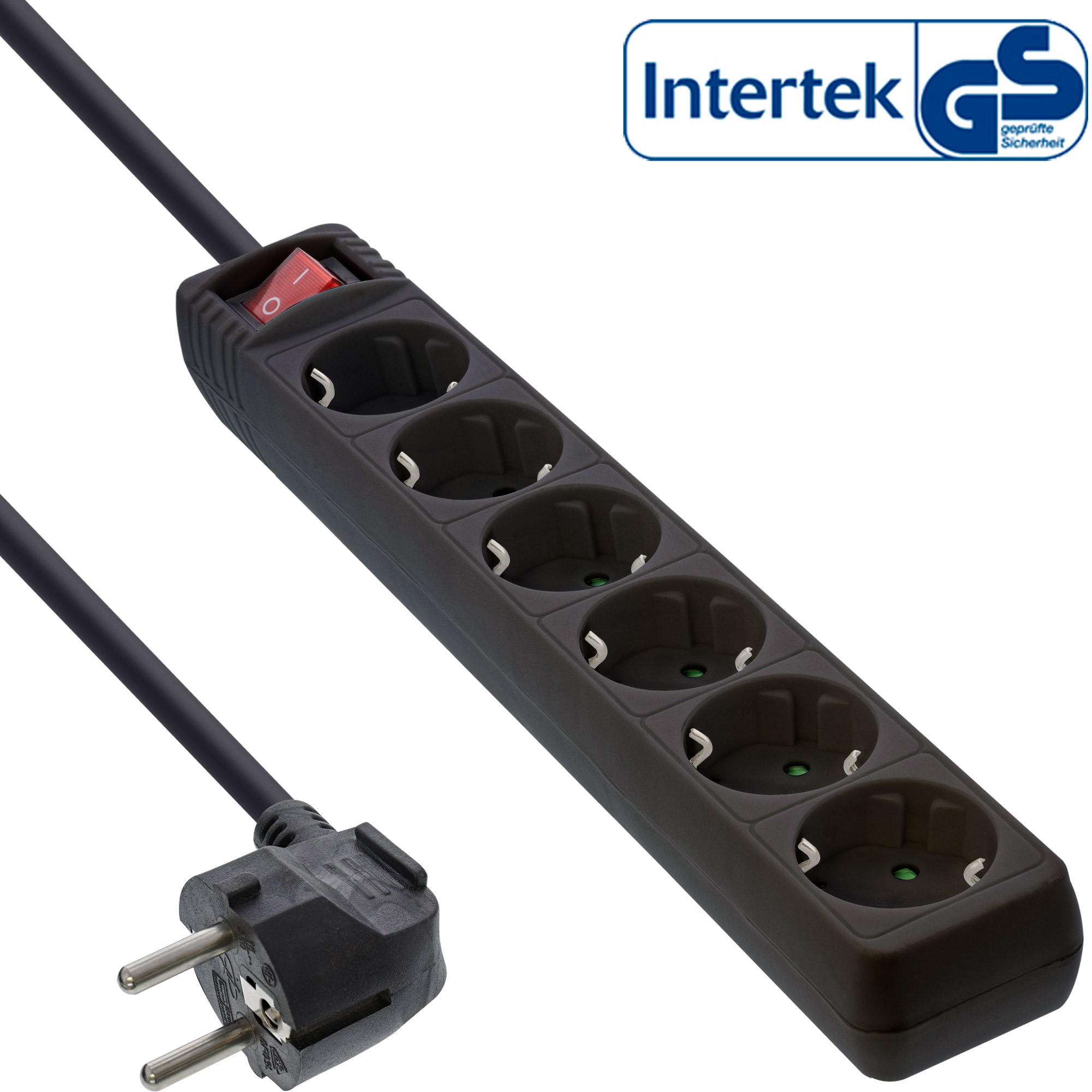 Inline® Steckdosenleiste, 6-fach Schutzkontakt, mit Schalter, schwarz, 1,5m
