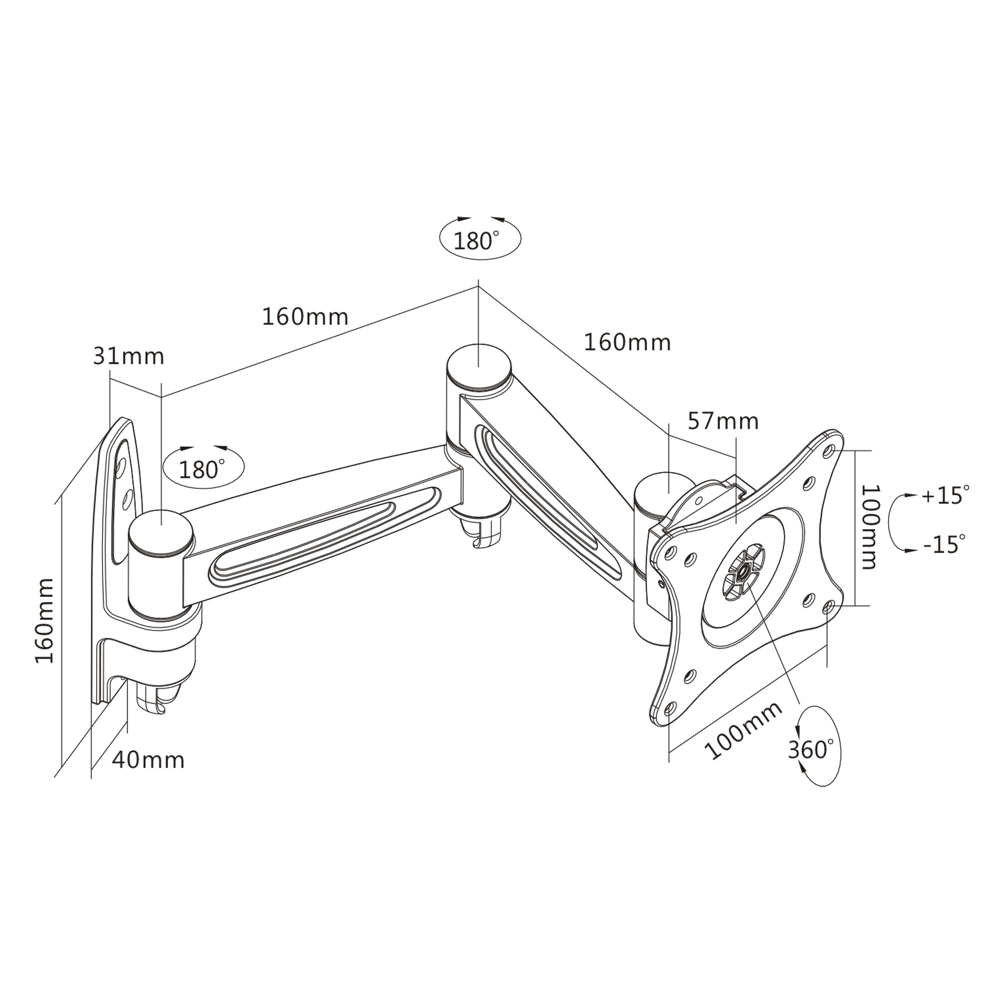 Inline® Wandhalterung, für Monitore bis 69cm (27"), max. 15kg, 2-teiliger Arm