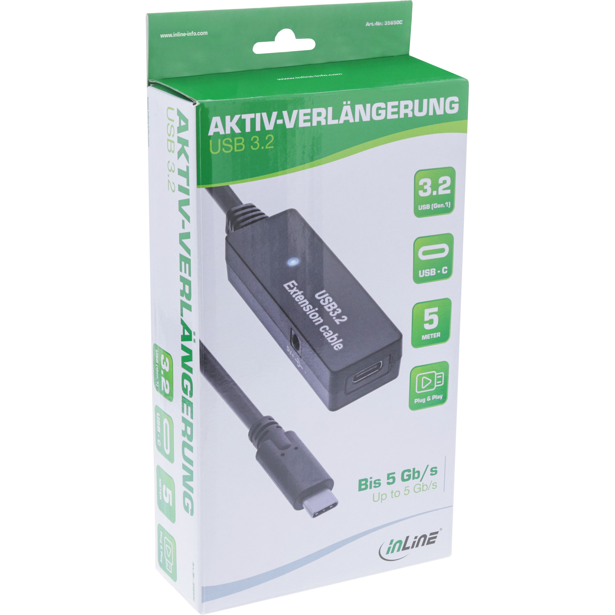 Inline® USB 3.2 Gen.1 Aktiv-VerLängerung, USB-C Stecker an USB-C Buchse, 5m