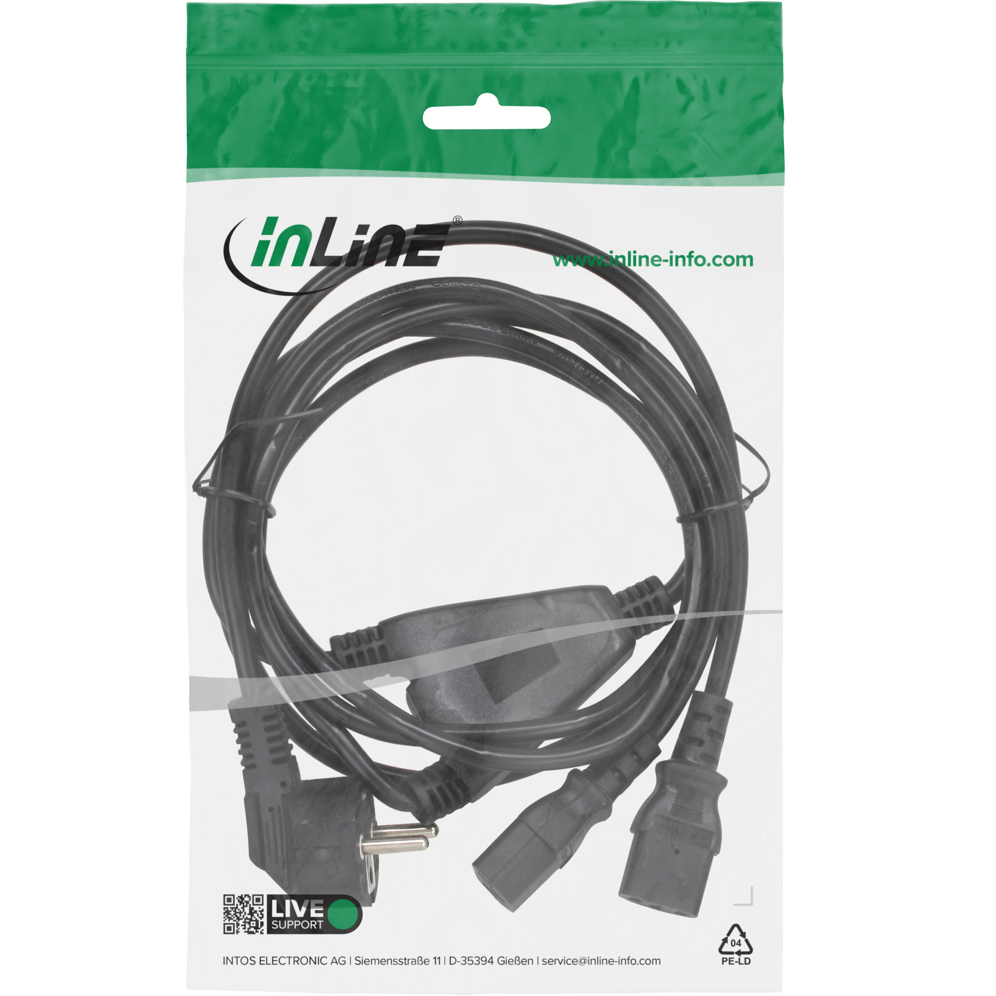 Inline® Netz-Y-Kabel, 1x Schutzkontakt ST zu 2x Kaltgeräte ST, 3m Inline® Netz-Y-Kabel, 1x Schutzkontakt ST zu 2x Kaltgeräte ST, 3m