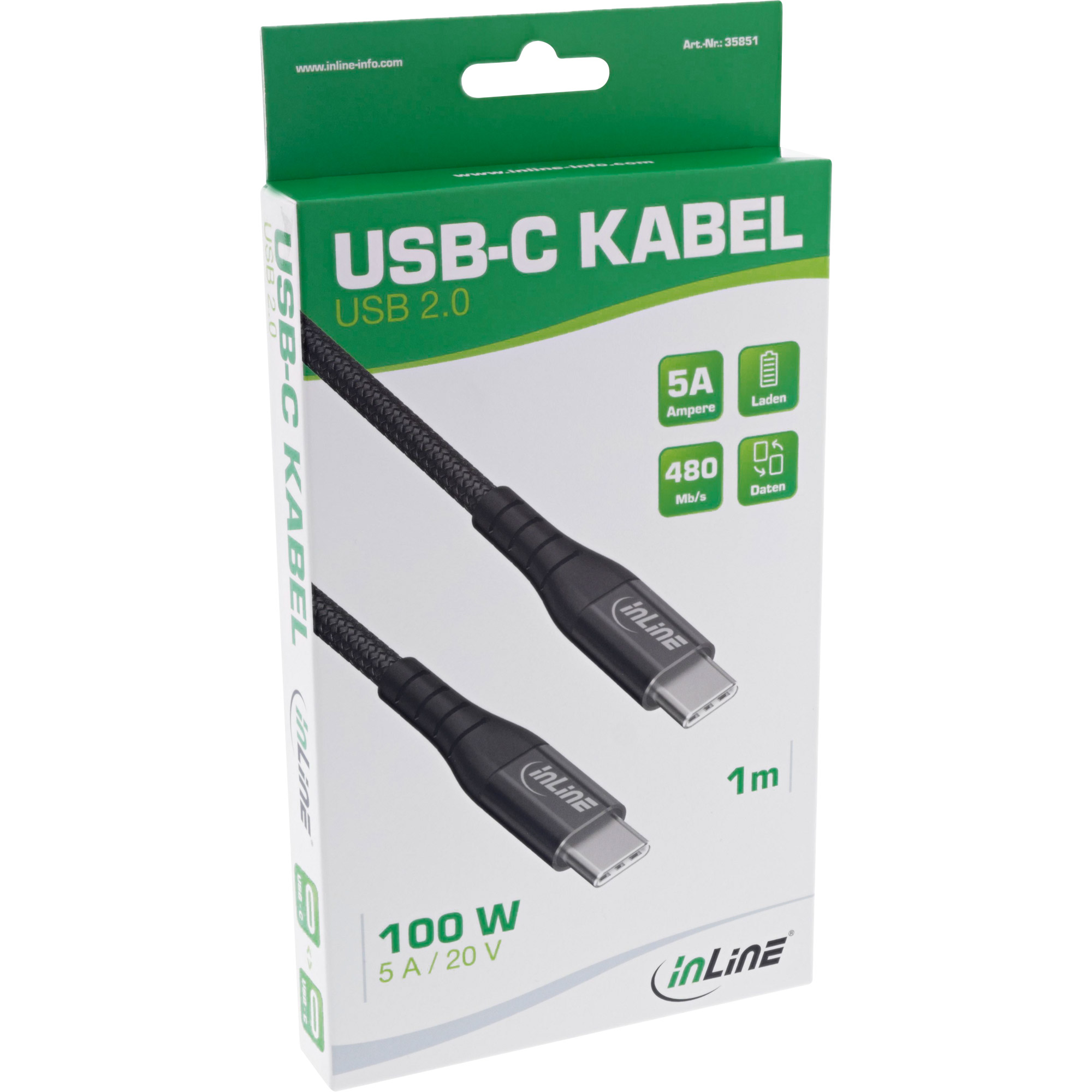 Inline® USB 2.0 Kabel, USB-C Stecker/Stecker Schnellladekabel 100W, 2m