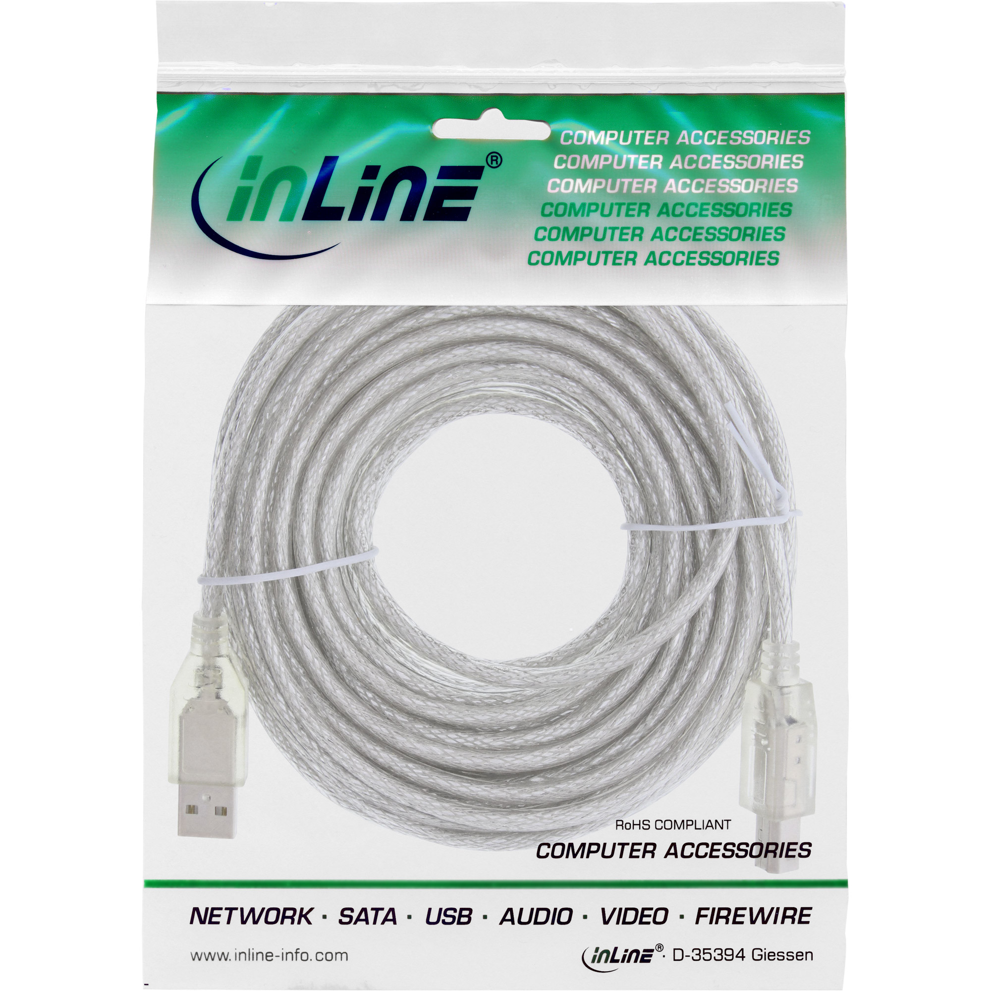 Inline® USB 2.0 Kabel, A an B, transparent, 10m