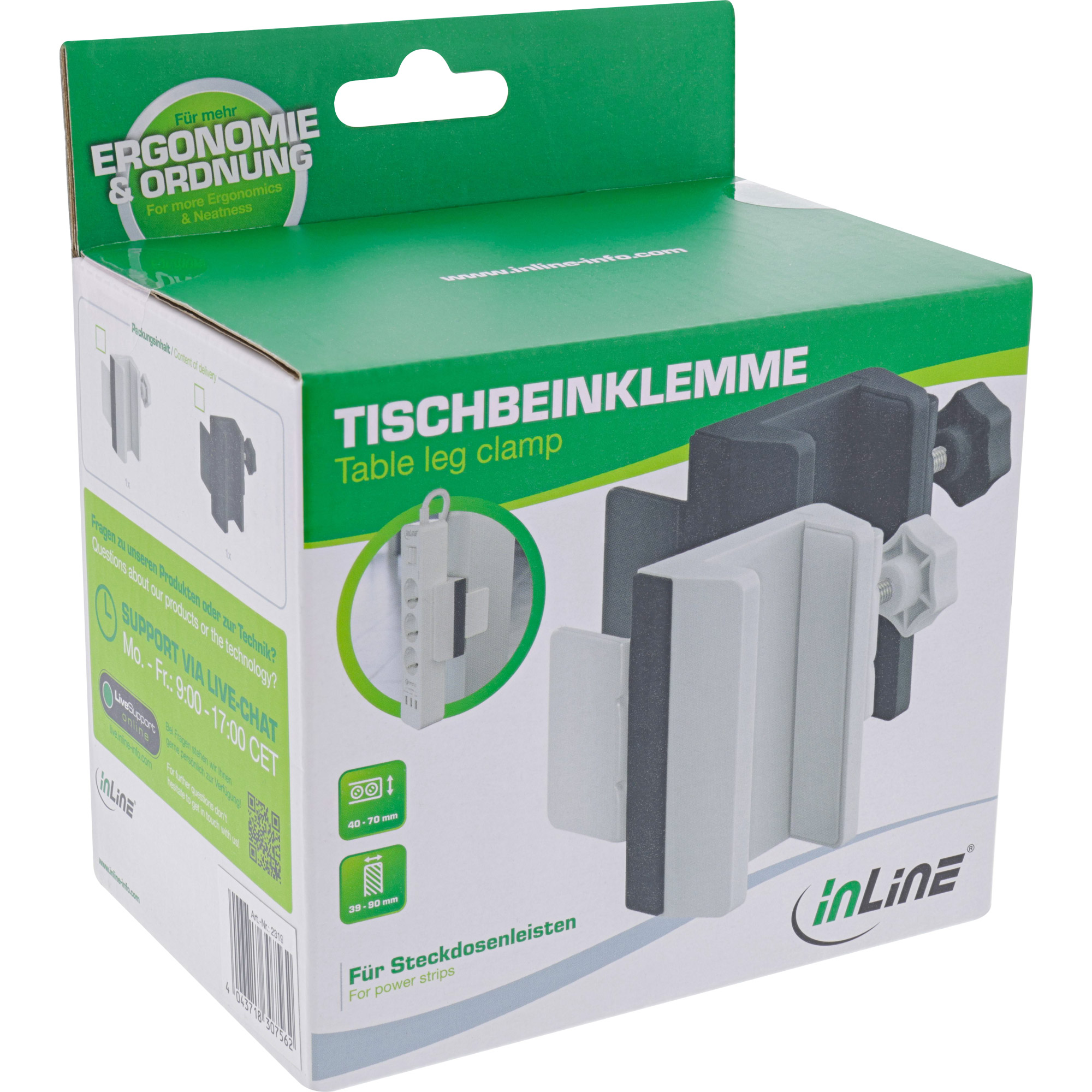 Inline® Tischbein-Klemme für Steckdosenleiste, Schraubklemme, weiß