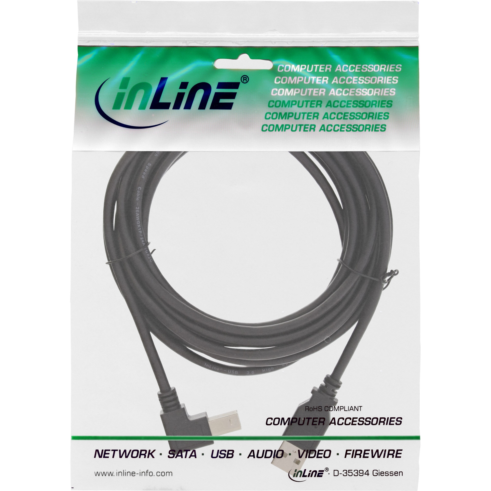 Inline® USB 2.0 Kabel, A an B unten abgewinkelt, schwarz, 2m